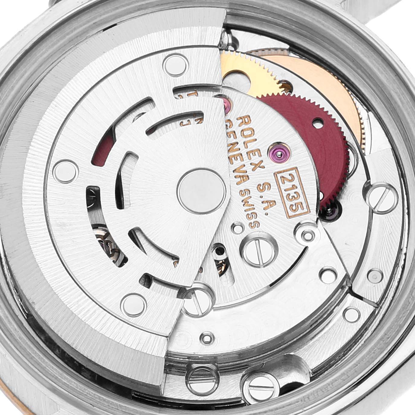 The image shows a close-up view of the internal movement of a Rolex Datejust 69173 Women's Steel and Gold (two tone) Champagne Dial 69173 Women's Steel and Gold (two tone) Champagne Dial watch.