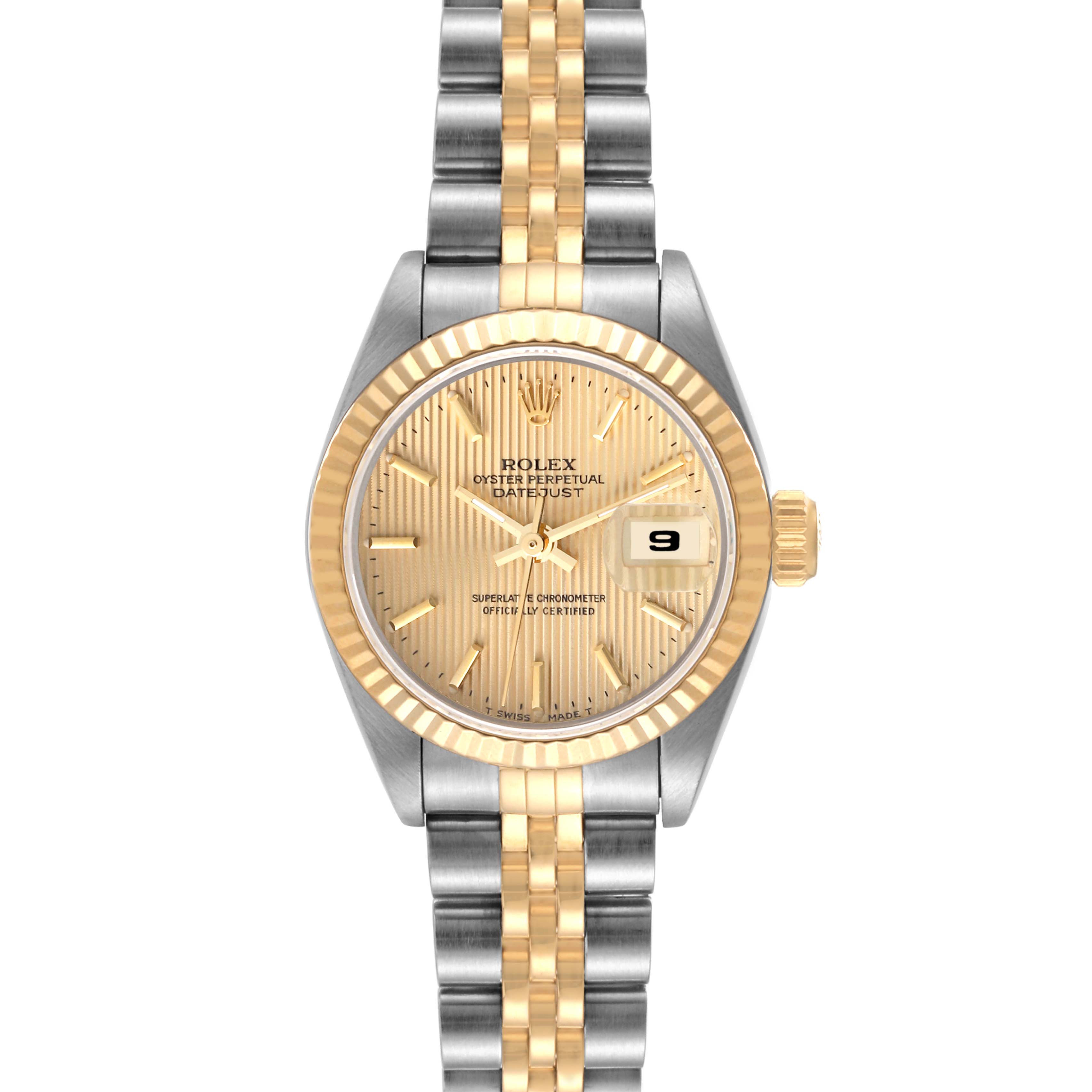 The image shows a front view of a Rolex Datejust 69173 Women's Steel and Gold (two tone) Champagne Dial 69173 Women's Steel and Gold (two tone) Champagne Dial watch, featuring a two-tone bracelet, fluted bezel, and a date display at 3 o'clock.