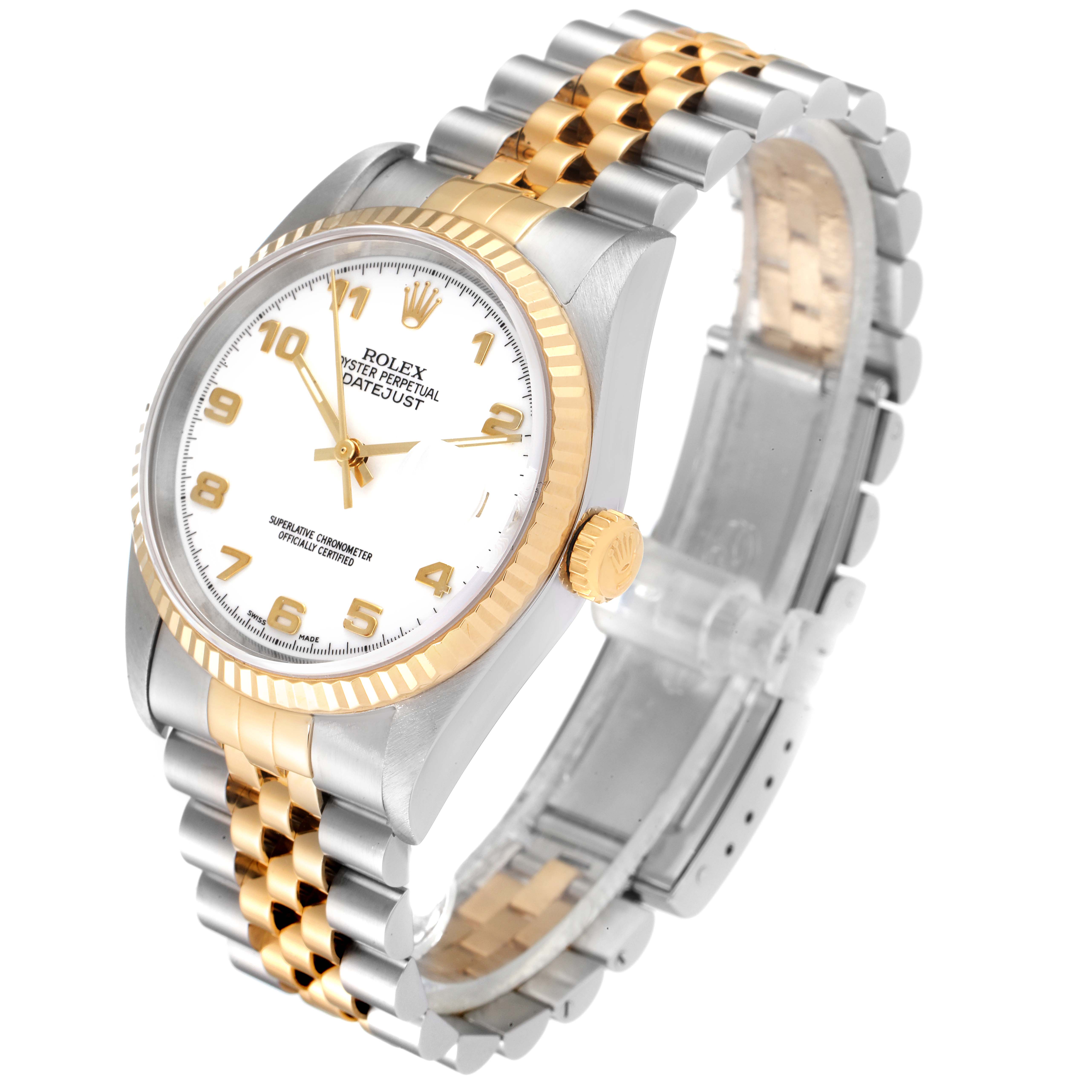 The image displays a Rolex Datejust 16233 Men's Steel and Gold (two tone) White Dial 16233 Men's Steel and Gold (two tone) White Dial watch at a three-quarter angle, showcasing the face, bezel, crown, and bracelet.