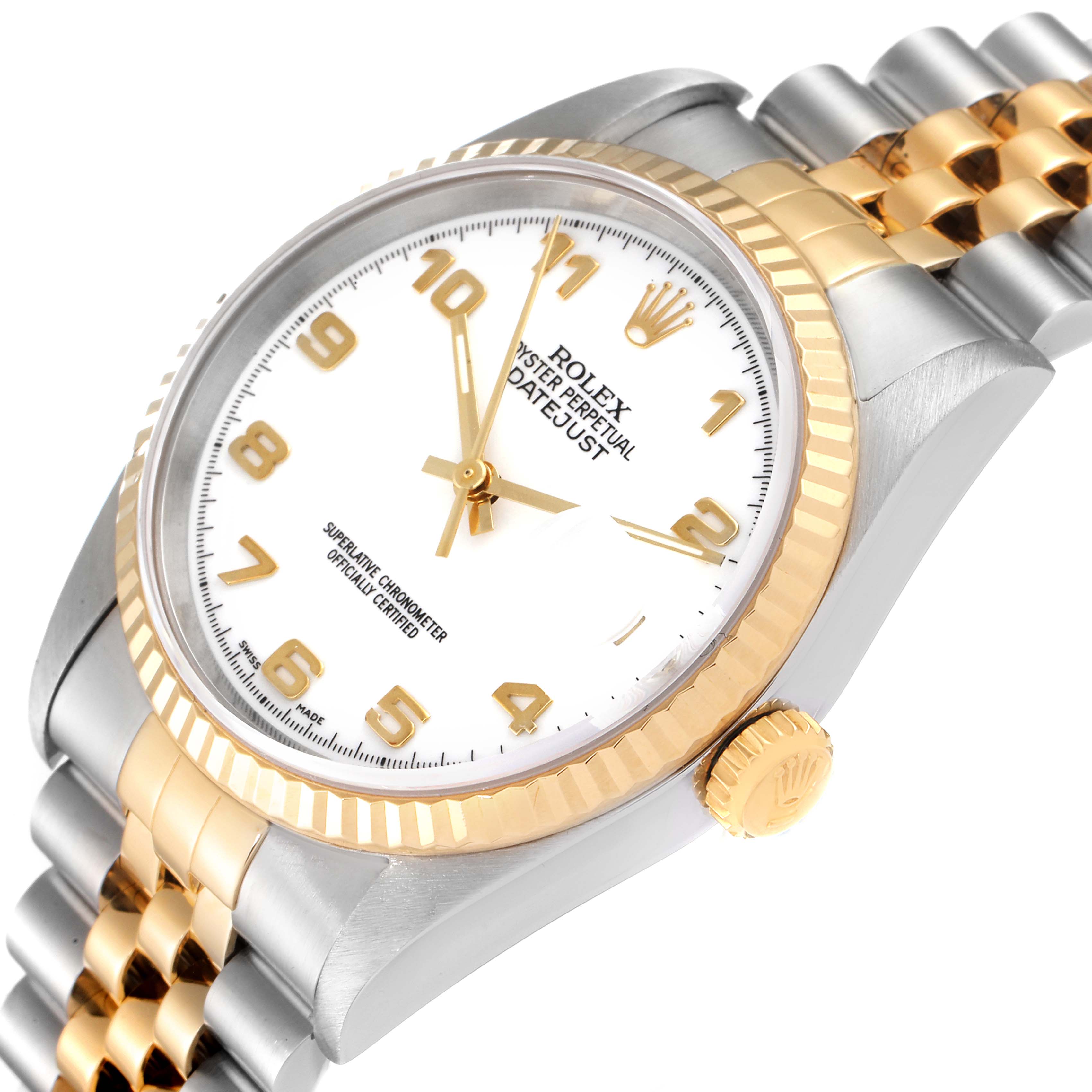 A Datejust model by Rolex is shown at an angle emphasizing the face, bezel, and partial bracelet.