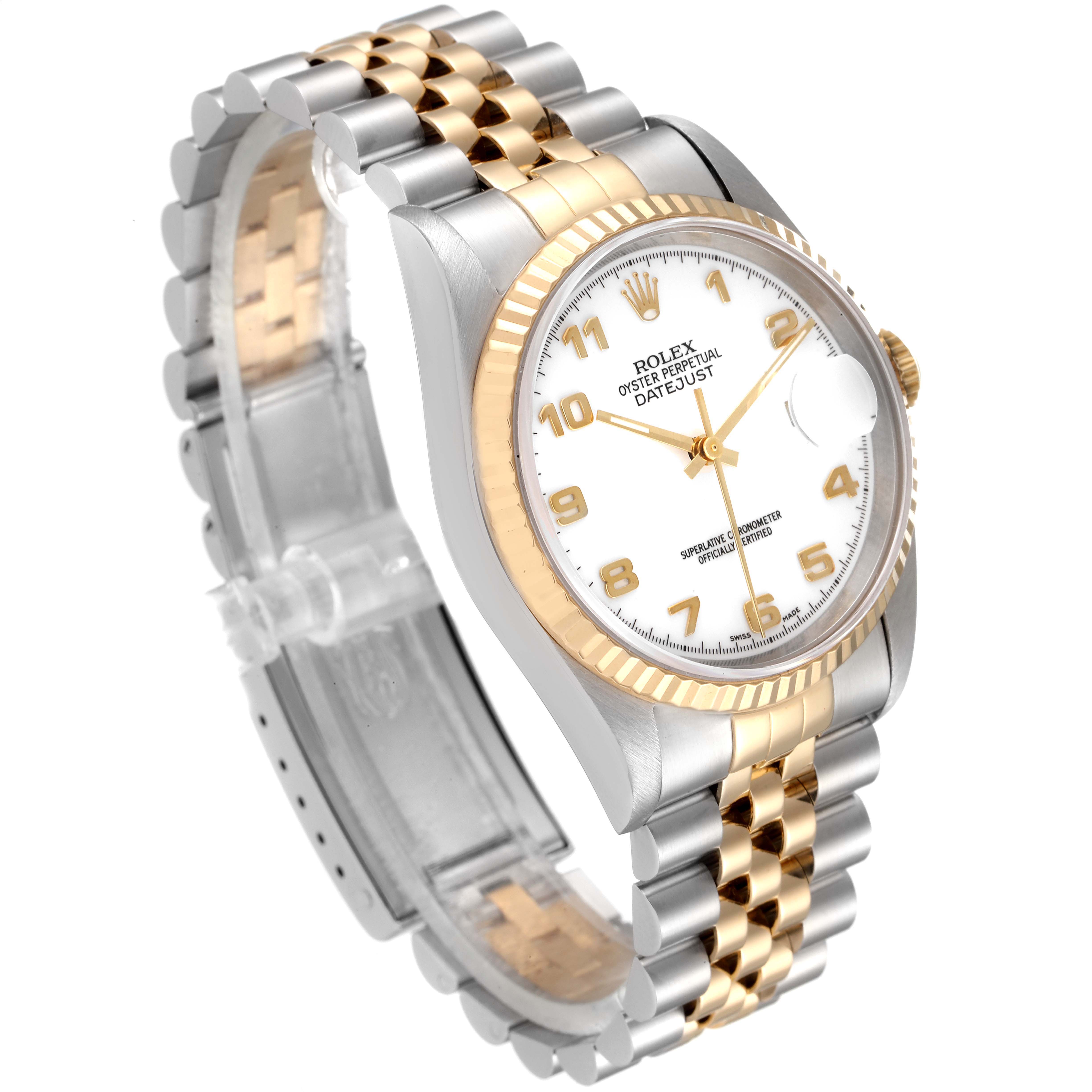 The image shows a Rolex Datejust 16233 Men's Steel and Gold (two tone) White Dial 16233 Men's Steel and Gold (two tone) White Dial watch angled to display the dial, bezel, and bracelet.