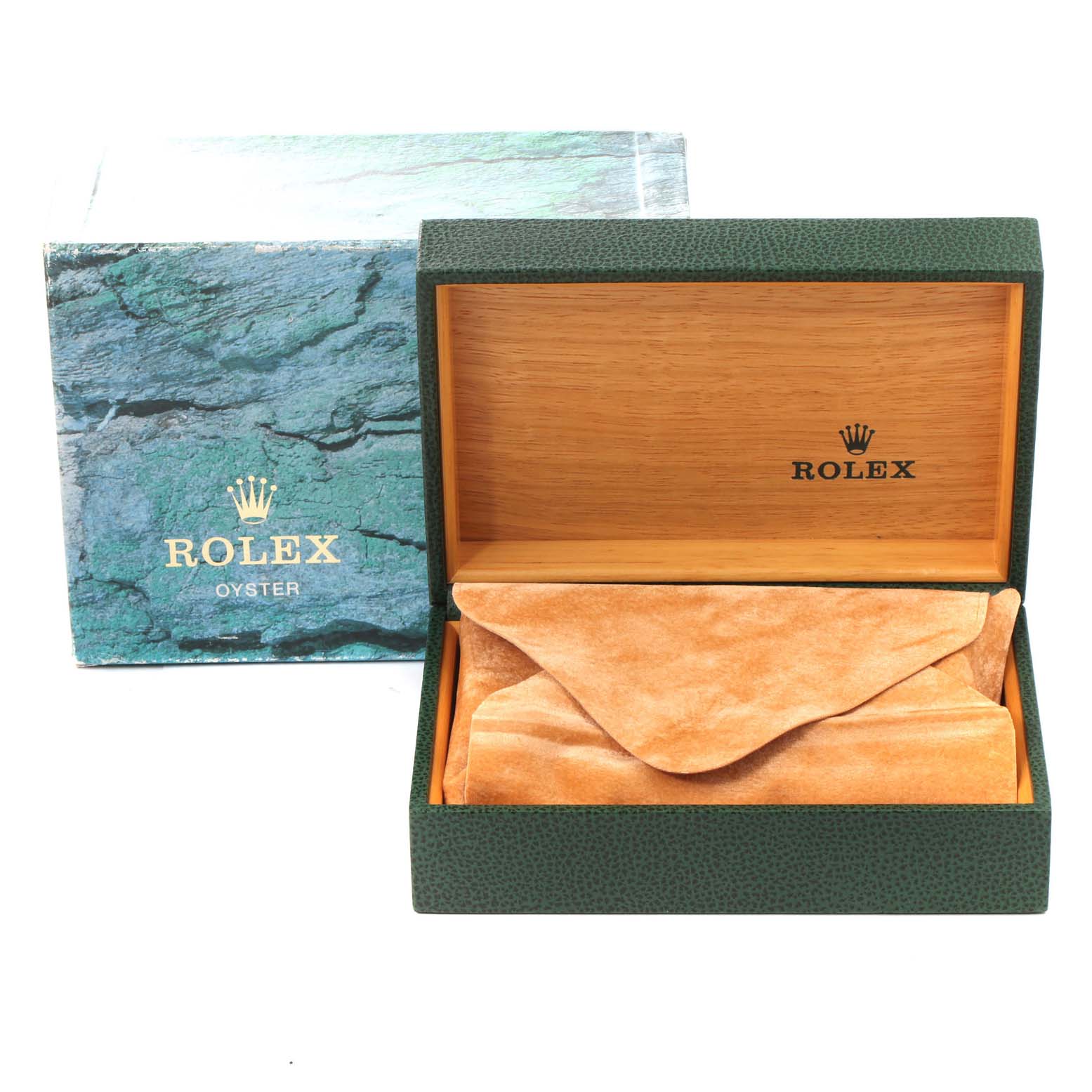 The image shows an open Rolex Datejust 16233 Men's Steel and Gold (two tone) White Dial 16233 Men's Steel and Gold (two tone) White Dial model box displaying its inner wooden lining and a suede cushion, with the outer box behind it.