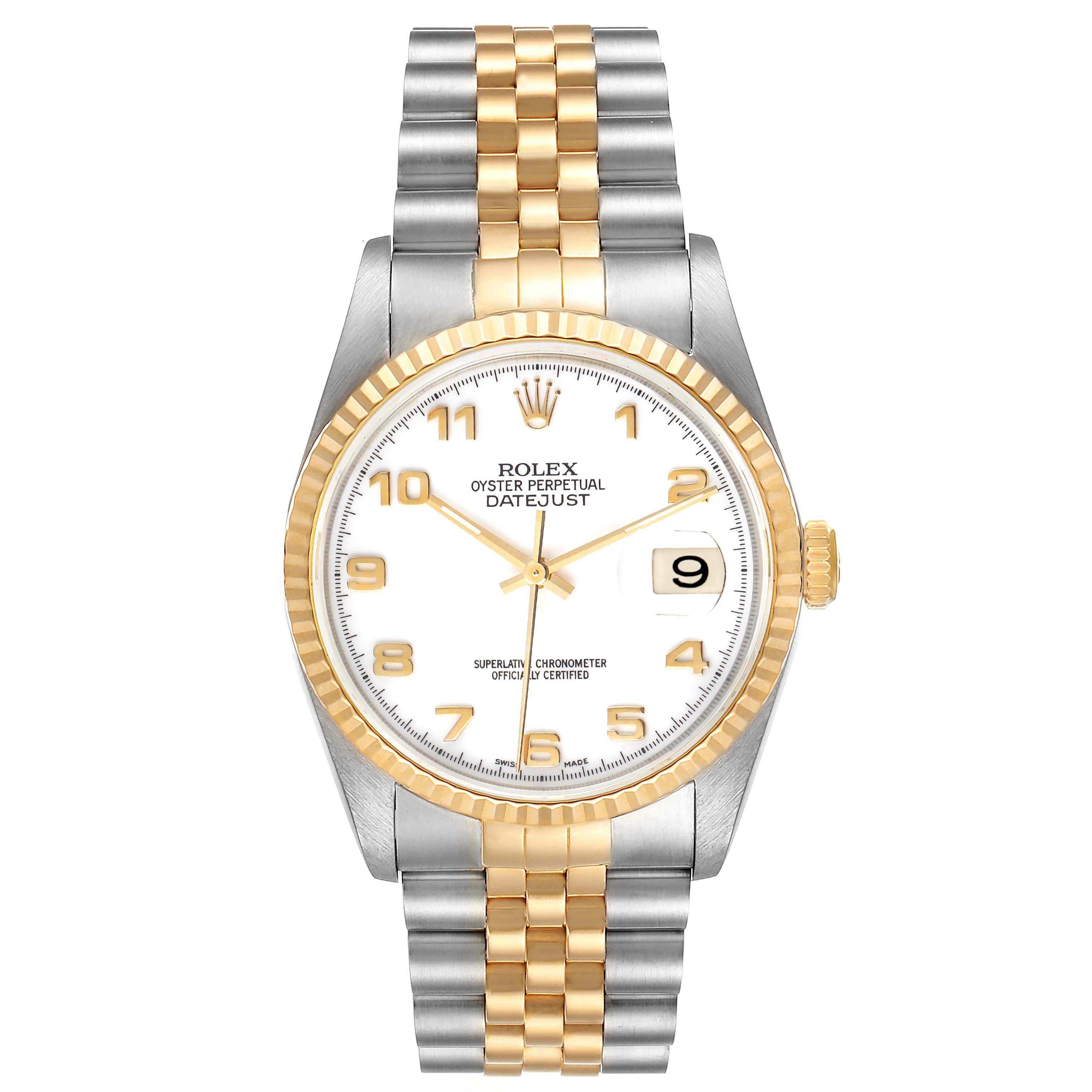 The Rolex Datejust 16233 Men's Steel and Gold (two tone) White Dial 16233 Men's Steel and Gold (two tone) White Dial watch is shown from the front, highlighting its gold and steel bracelet, bezel, and white dial with date display.