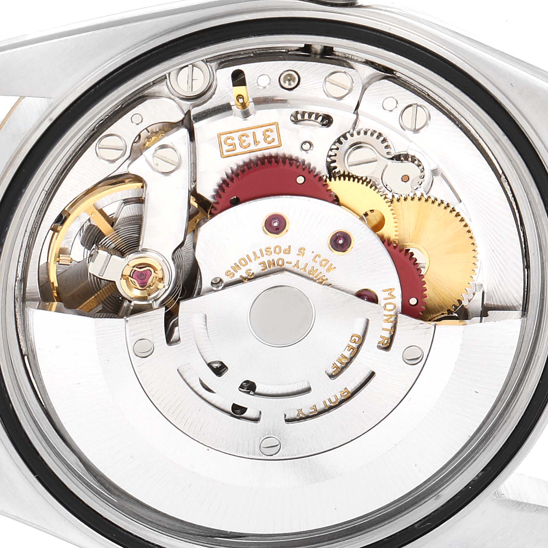 The image shows the inner mechanical movement of a Rolex Datejust 16233 Men's Steel and Gold (two tone) White Dial 16233 Men's Steel and Gold (two tone) White Dial watch from a close-up angle.