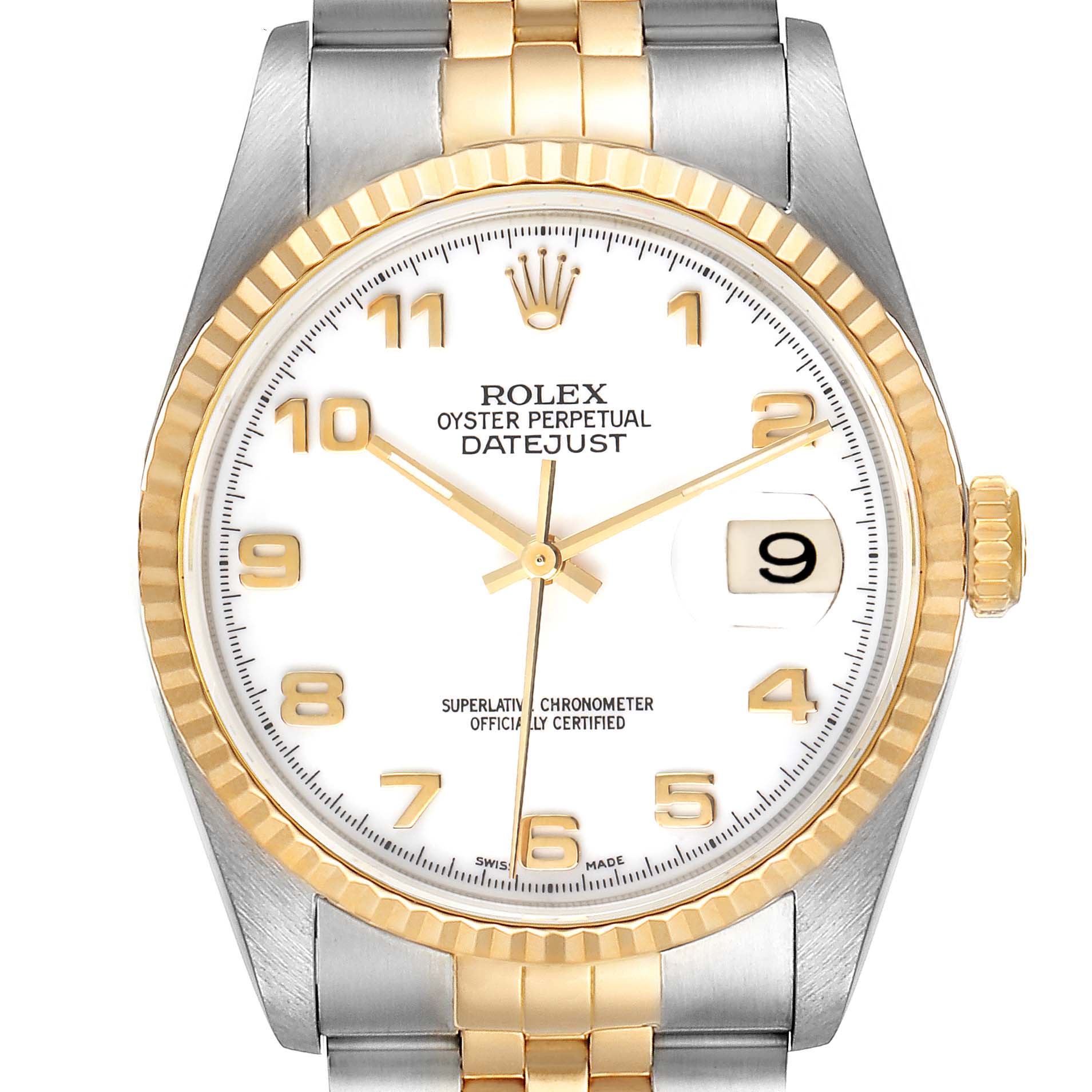 This image shows a front view of a Rolex Datejust 16233 Men's Steel and Gold (two tone) White Dial 16233 Men's Steel and Gold (two tone) White Dial watch, highlighting the dial, bezel, crown, and part of the bracelet.