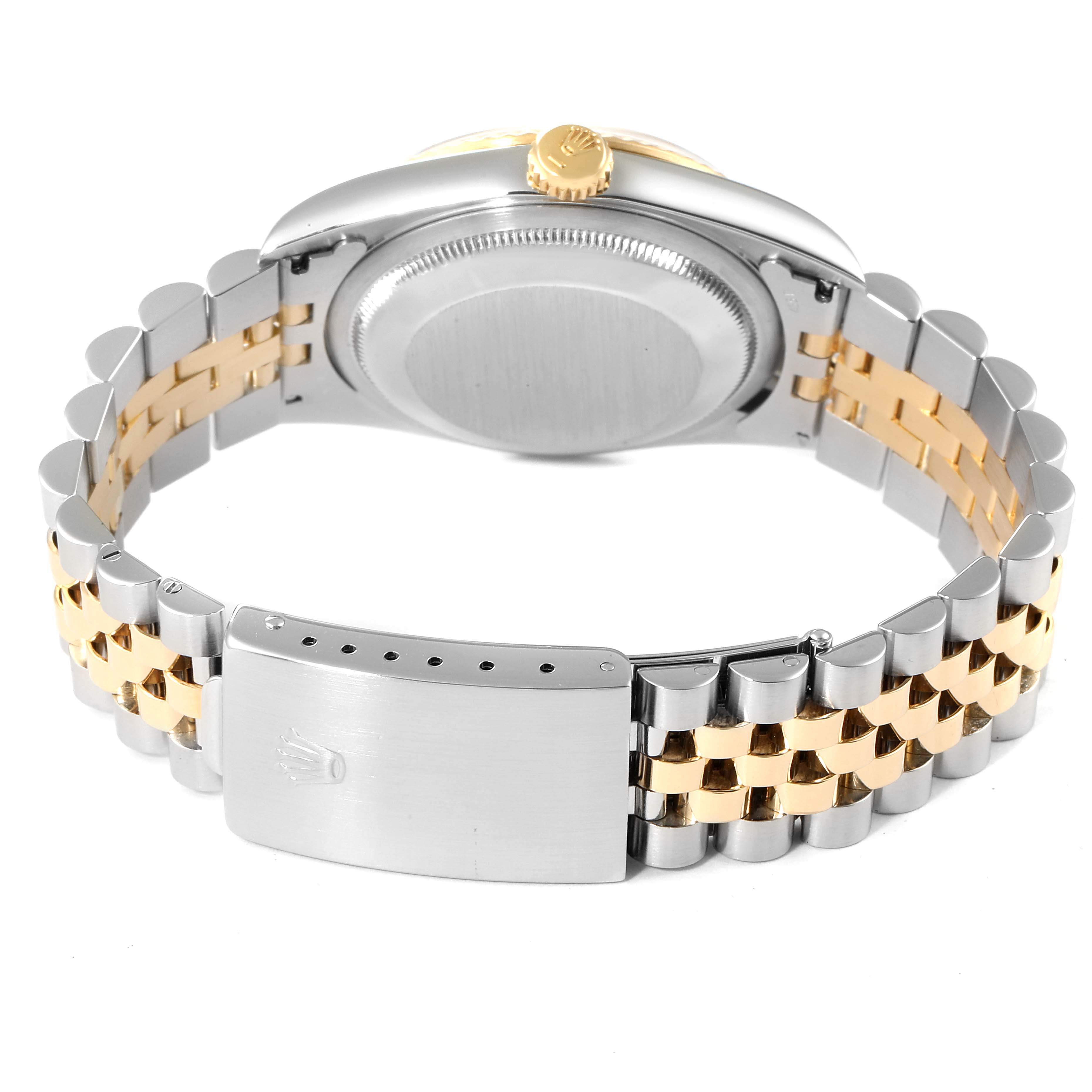 This image shows the back view of a Rolex Datejust 16233 Men's Steel and Gold (two tone) White Dial 16233 Men's Steel and Gold (two tone) White Dial watch, focusing on the case back, crown, and two-tone jubilee bracelet with clasp.