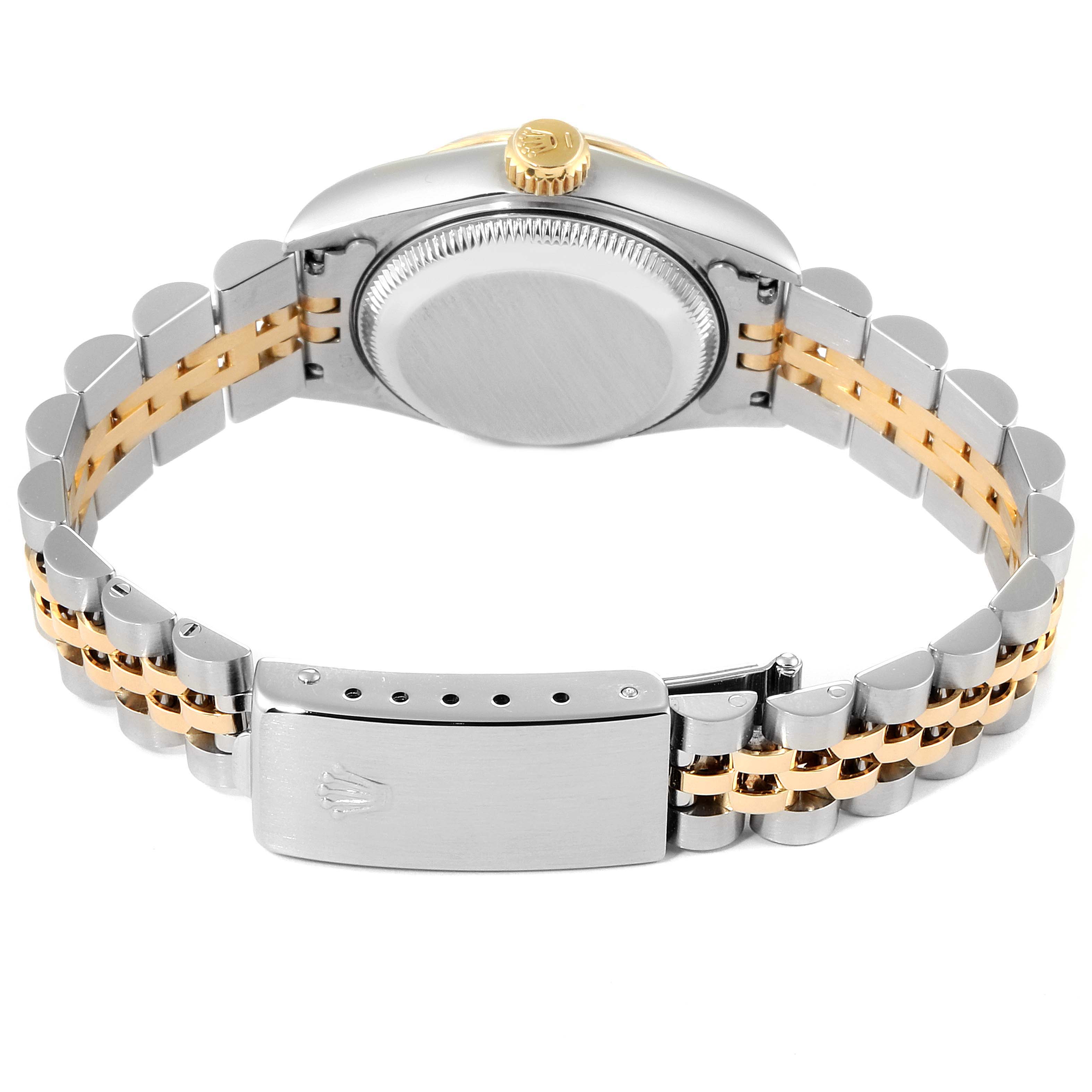 The image shows the back view of a Rolex Datejust 69173 Women's Steel and Gold (two tone) White Dial 69173 Women's Steel and Gold (two tone) White Dial watch, focusing on the bracelet and clasp.