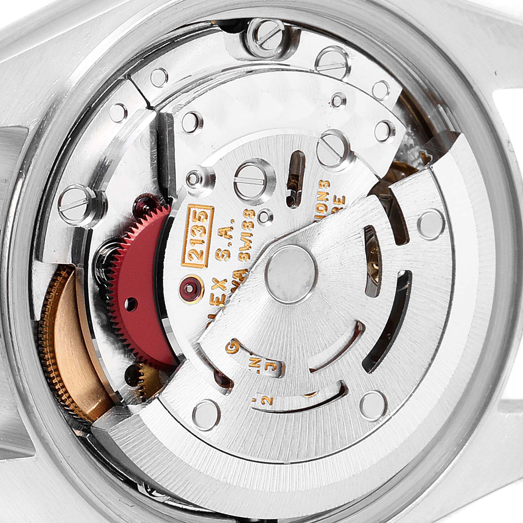 This close-up shows the intricate internal mechanics of a Rolex Datejust 69173 Women's Steel and Gold (two tone) White Dial 69173 Women's Steel and Gold (two tone) White Dial model watch, highlighting its movement components.