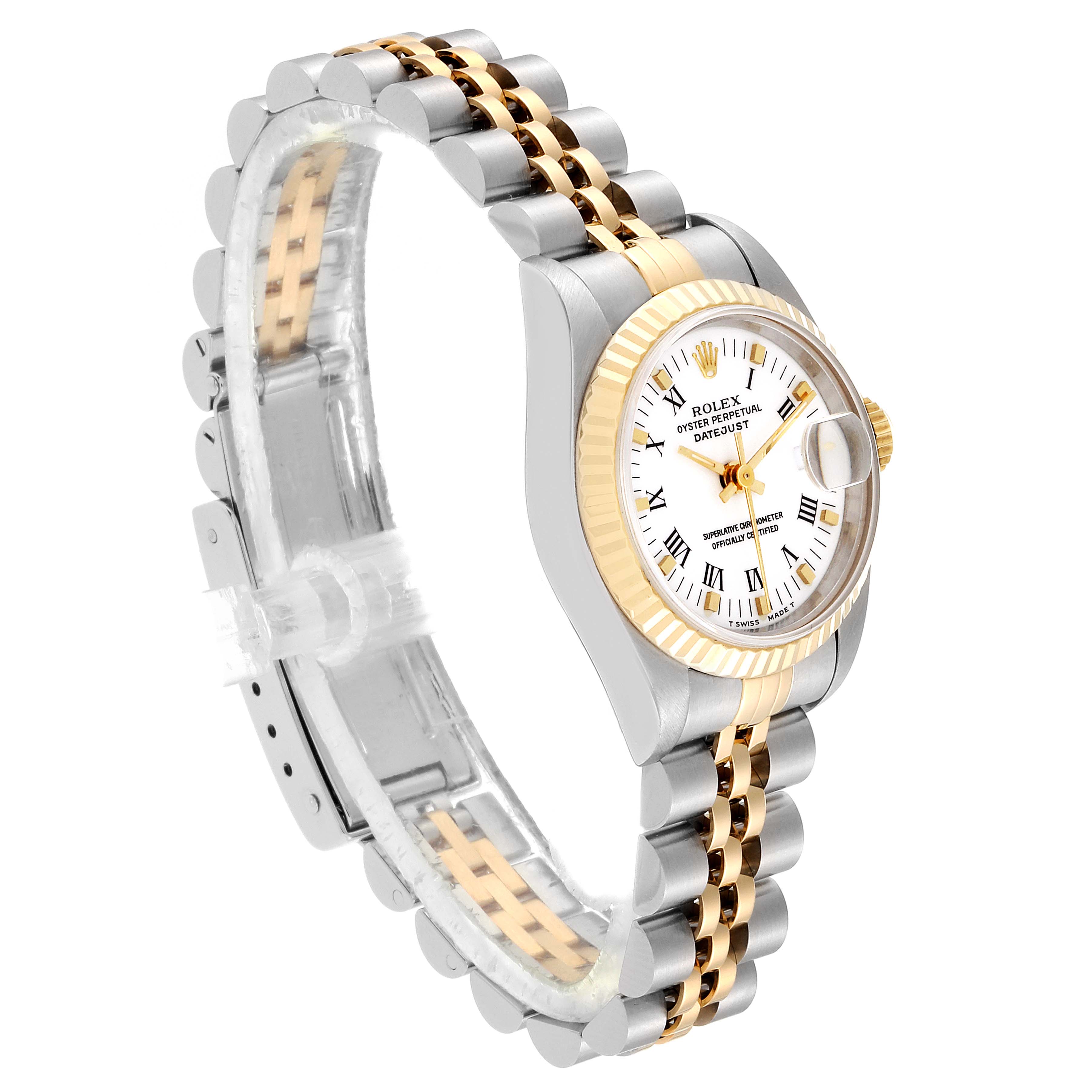 The image shows a Rolex Datejust 69173 Women's Steel and Gold (two tone) White Dial 69173 Women's Steel and Gold (two tone) White Dial watch at a 3/4 angle, highlighting its two-tone bracelet, white dial, and fluted bezel.