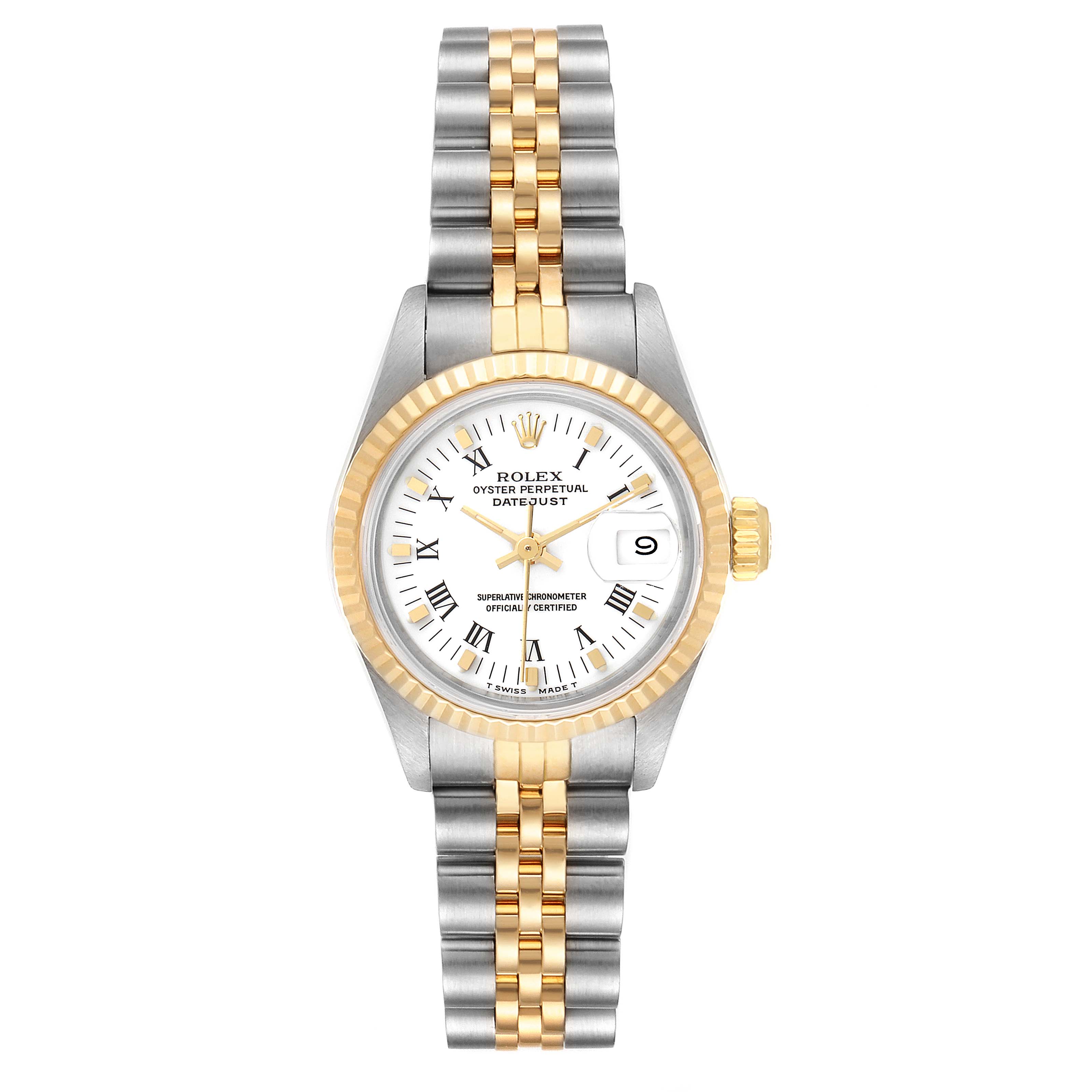 The Rolex Datejust 69173 Women's Steel and Gold (two tone) White Dial 69173 Women's Steel and Gold (two tone) White Dial watch is shown from the front, displaying its face, bezel, and two-tone bracelet.