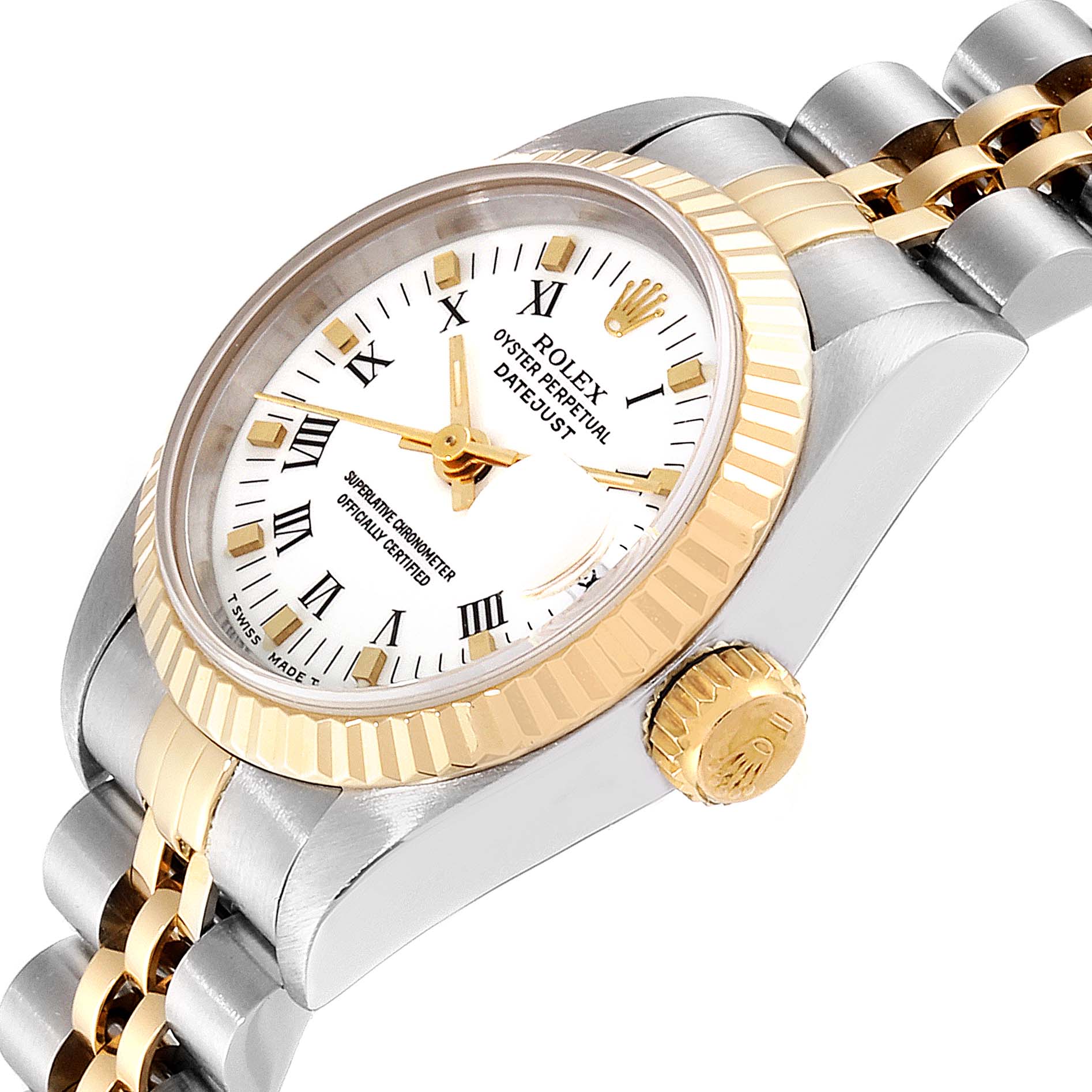 The image shows a Rolex Datejust 69173 Women's Steel and Gold (two tone) White Dial 69173 Women's Steel and Gold (two tone) White Dial watch at a slight angle, highlighting the fluted bezel, crown, and part of the two-tone bracelet.
