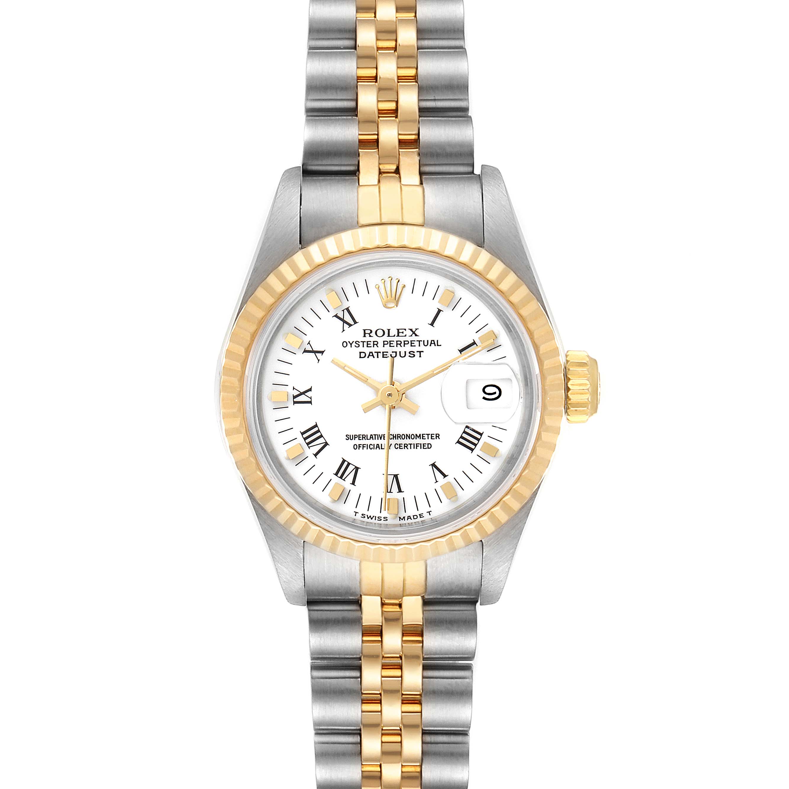 This image shows a front view of a Rolex Datejust 69173 Women's Steel and Gold (two tone) White Dial 69173 Women's Steel and Gold (two tone) White Dial watch, displaying its two-tone bracelet and dial with date feature.