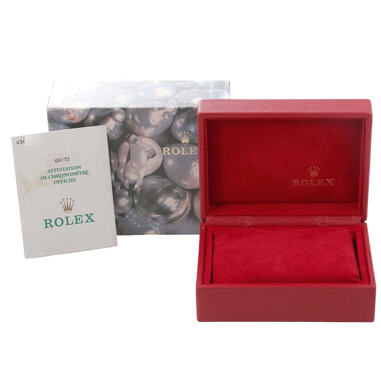 The image shows a Rolex Datejust 69173 Women's Steel and Gold (two tone) White Dial 69173 Women's Steel and Gold (two tone) White Dial model watch box, an outer box, and an official certificate booklet.