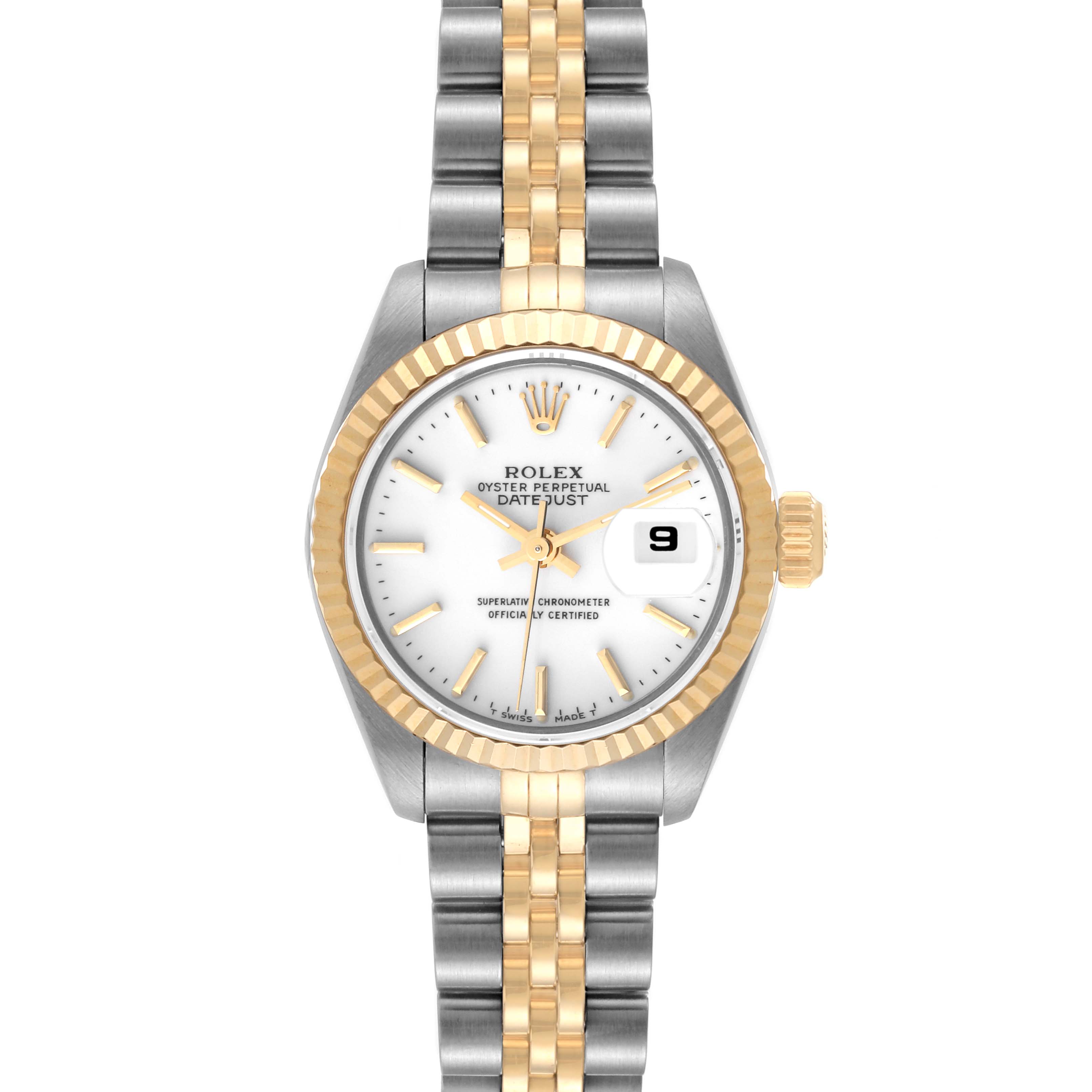 The image shows a frontal view of the Rolex Datejust 69173 Women's Steel and Gold (two tone) White Dial 69173 Women's Steel and Gold (two tone) White Dial watch, highlighting its two-tone bracelet, white dial, date window, and fluted bezel.