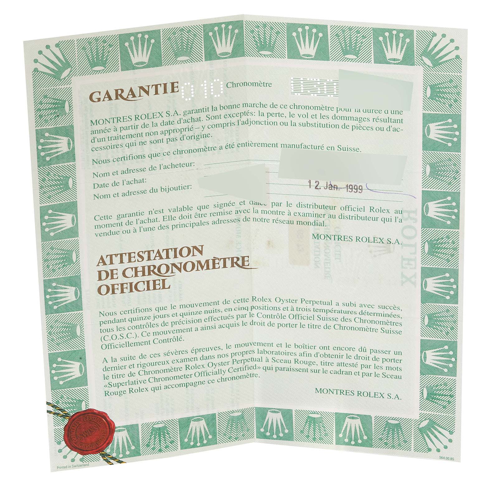 The image shows an official green and white warranty certificate for a Rolex Datejust 69173 Women's Steel and Gold (two tone) White Dial 69173 Women's Steel and Gold (two tone) White Dial watch.