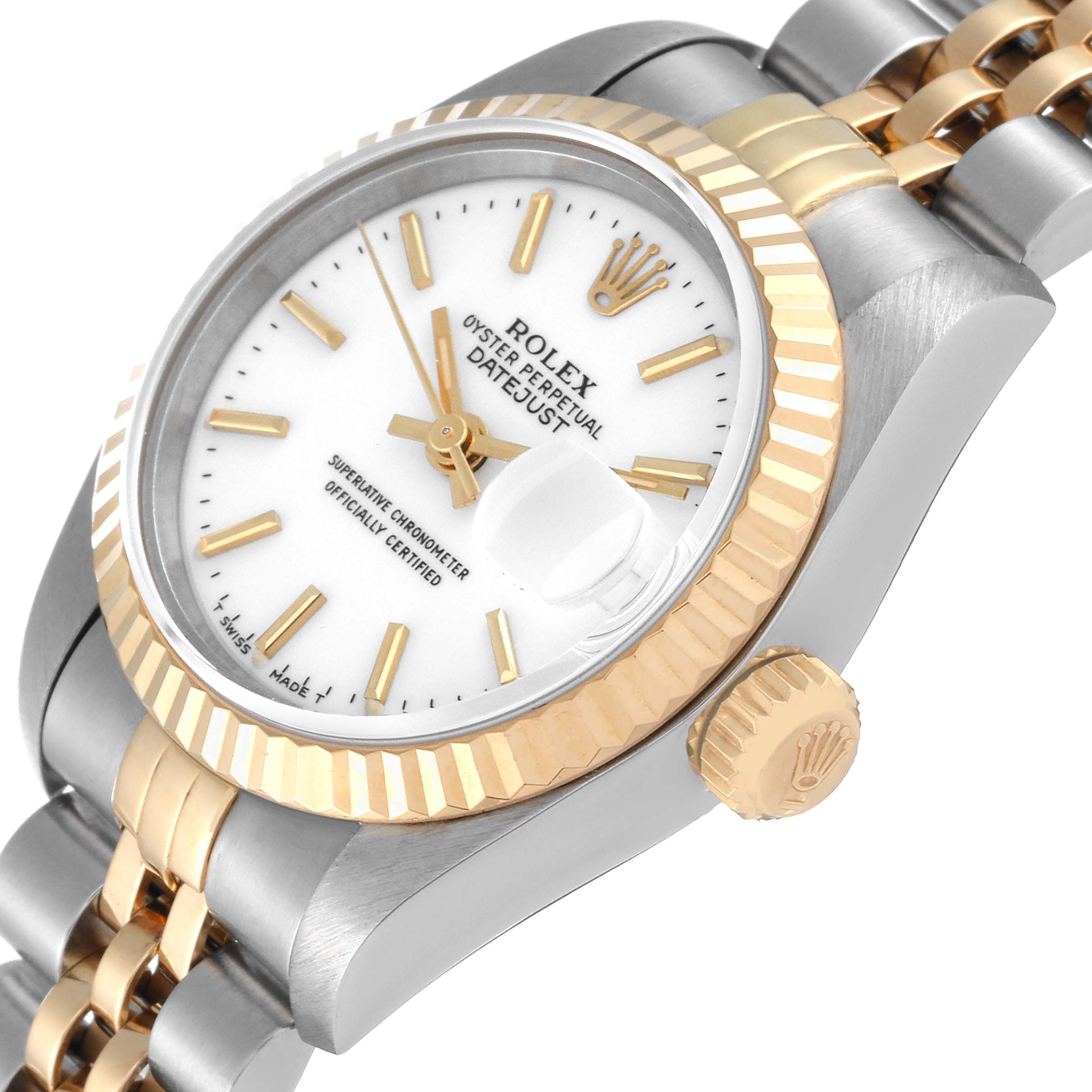 This image shows a close-up angled view of a Rolex Datejust 69173 Women's Steel and Gold (two tone) White Dial 69173 Women's Steel and Gold (two tone) White Dial watch, highlighting the dial, fluted bezel, crown, and part of the bracelet.