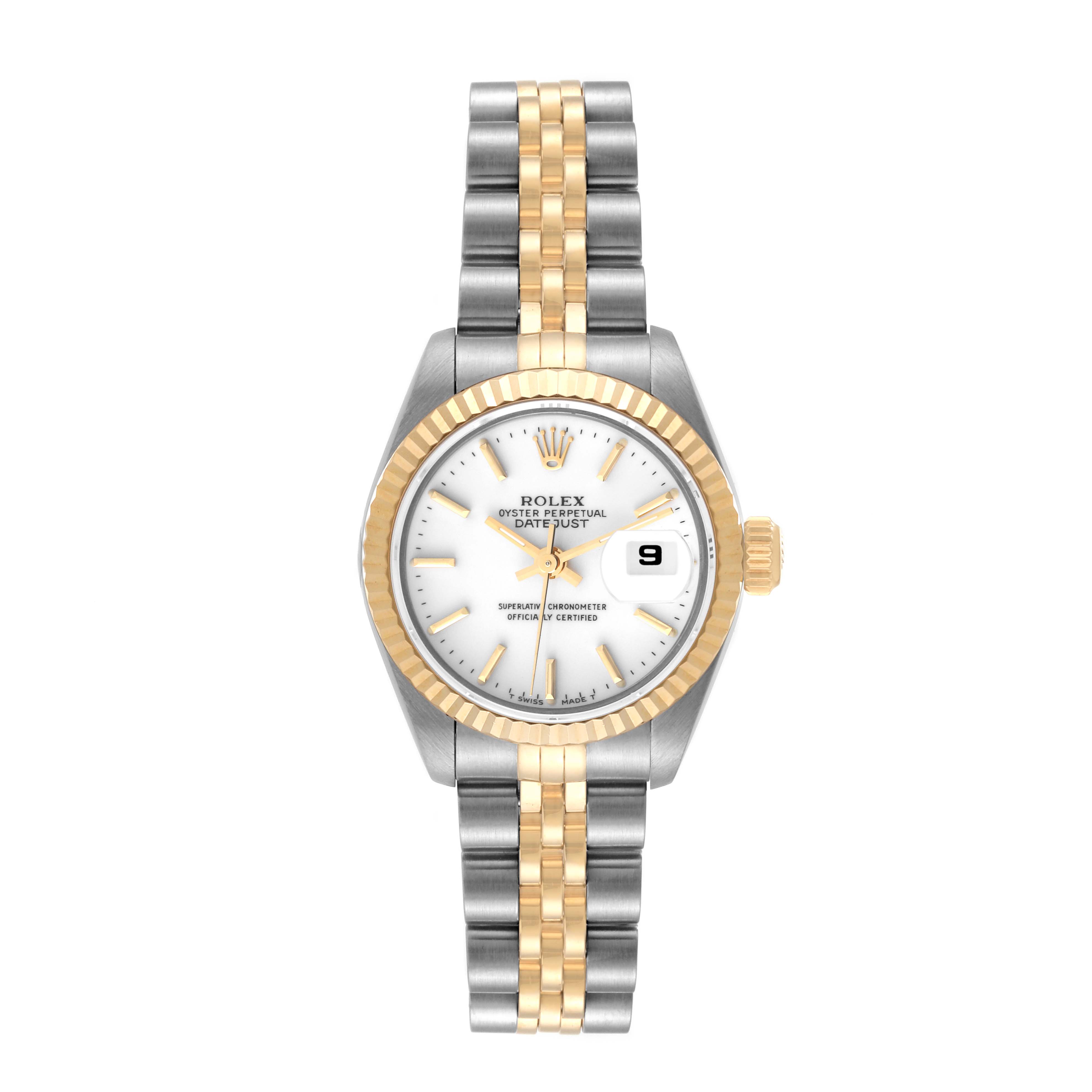 The image shows a front view of a Rolex Datejust 69173 Women's Steel and Gold (two tone) White Dial 69173 Women's Steel and Gold (two tone) White Dial watch, highlighting its face, bezel, and two-tone bracelet.