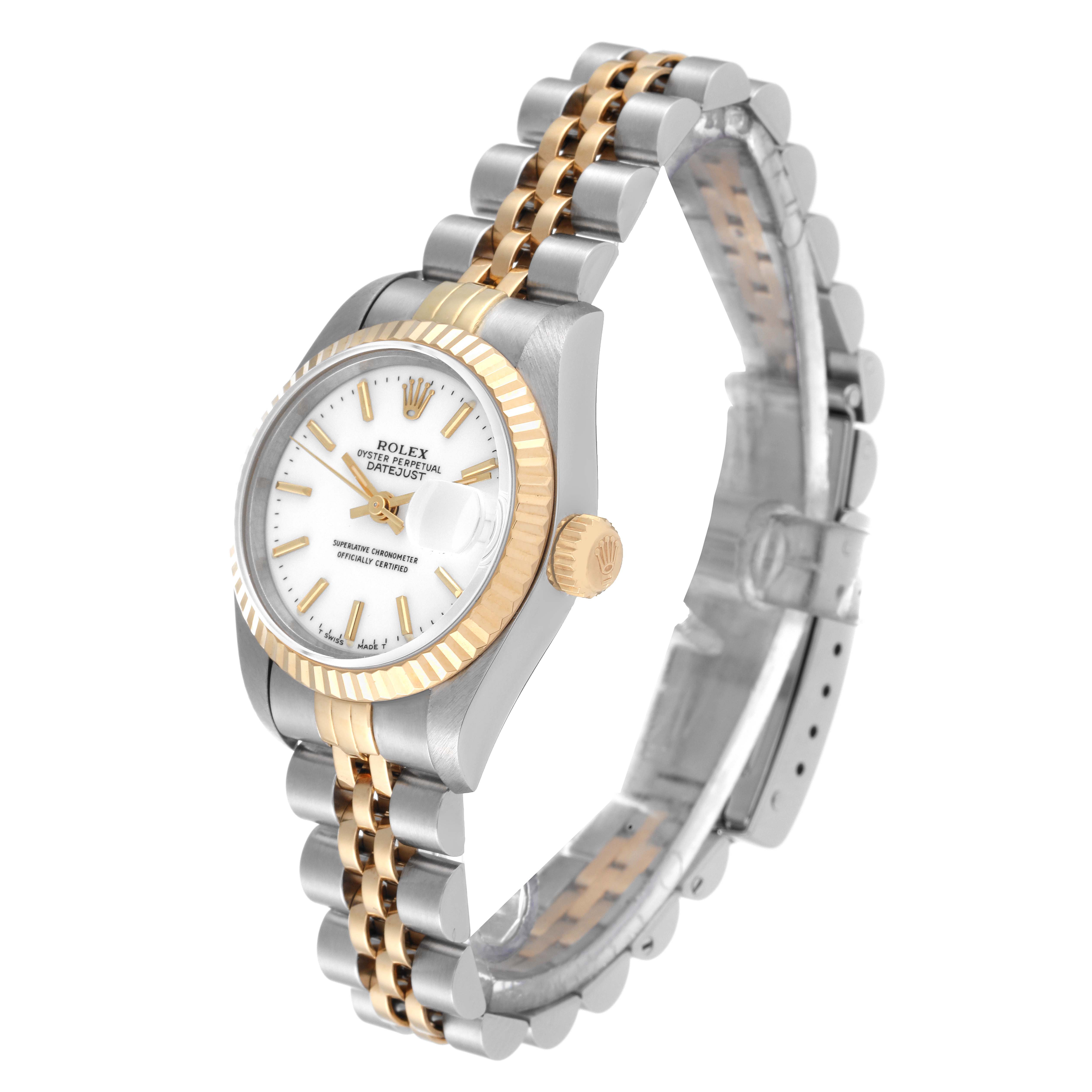This image shows a Rolex Datejust 69173 Women's Steel and Gold (two tone) White Dial 69173 Women's Steel and Gold (two tone) White Dial watch angled to display the face, bezel, crown, and bracelet with two-tone gold and silver links.