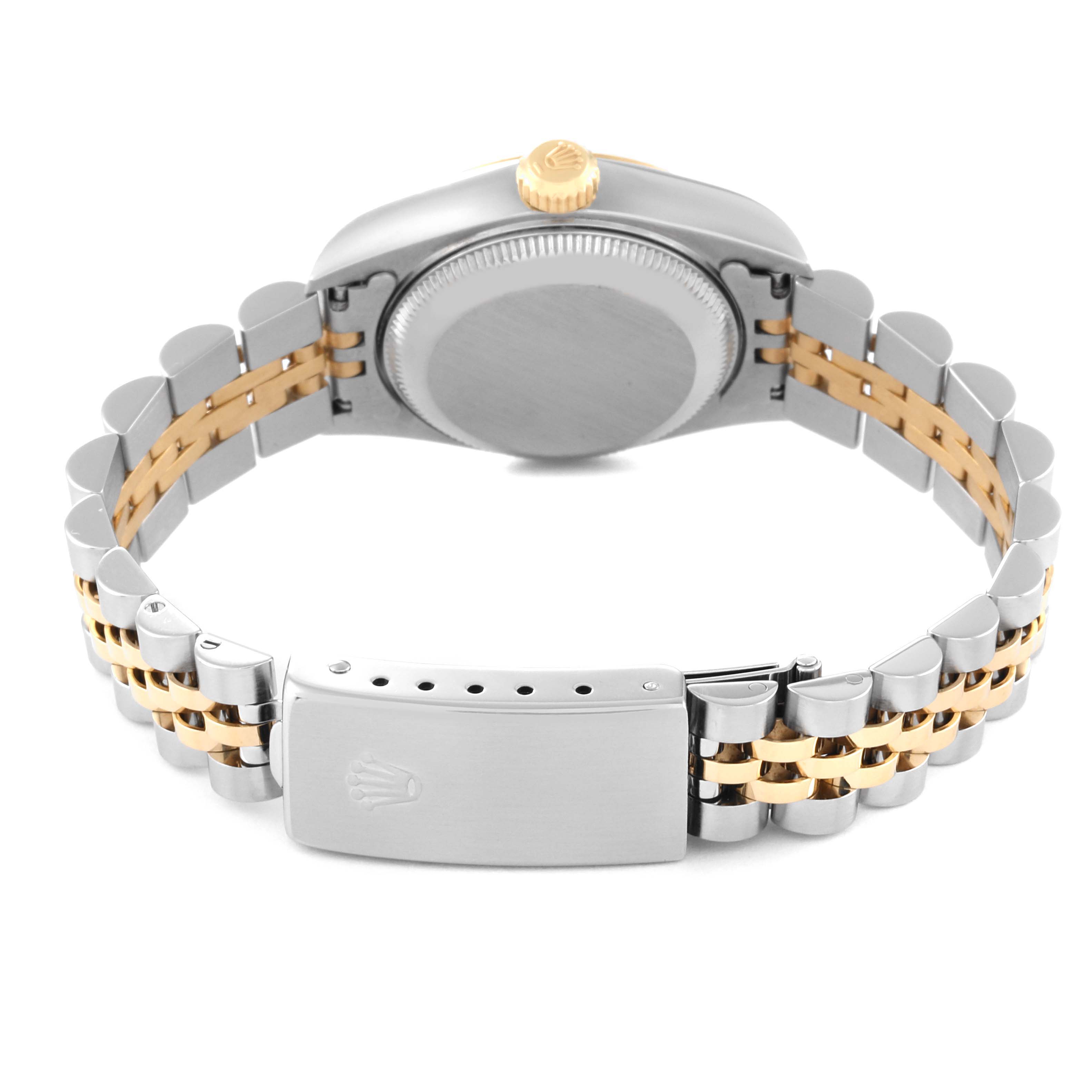 This image shows the backside and bracelet of the Rolex Datejust 69173 Women's Steel and Gold (two tone) White Dial 69173 Women's Steel and Gold (two tone) White Dial watch, highlighting the clasp and crown.