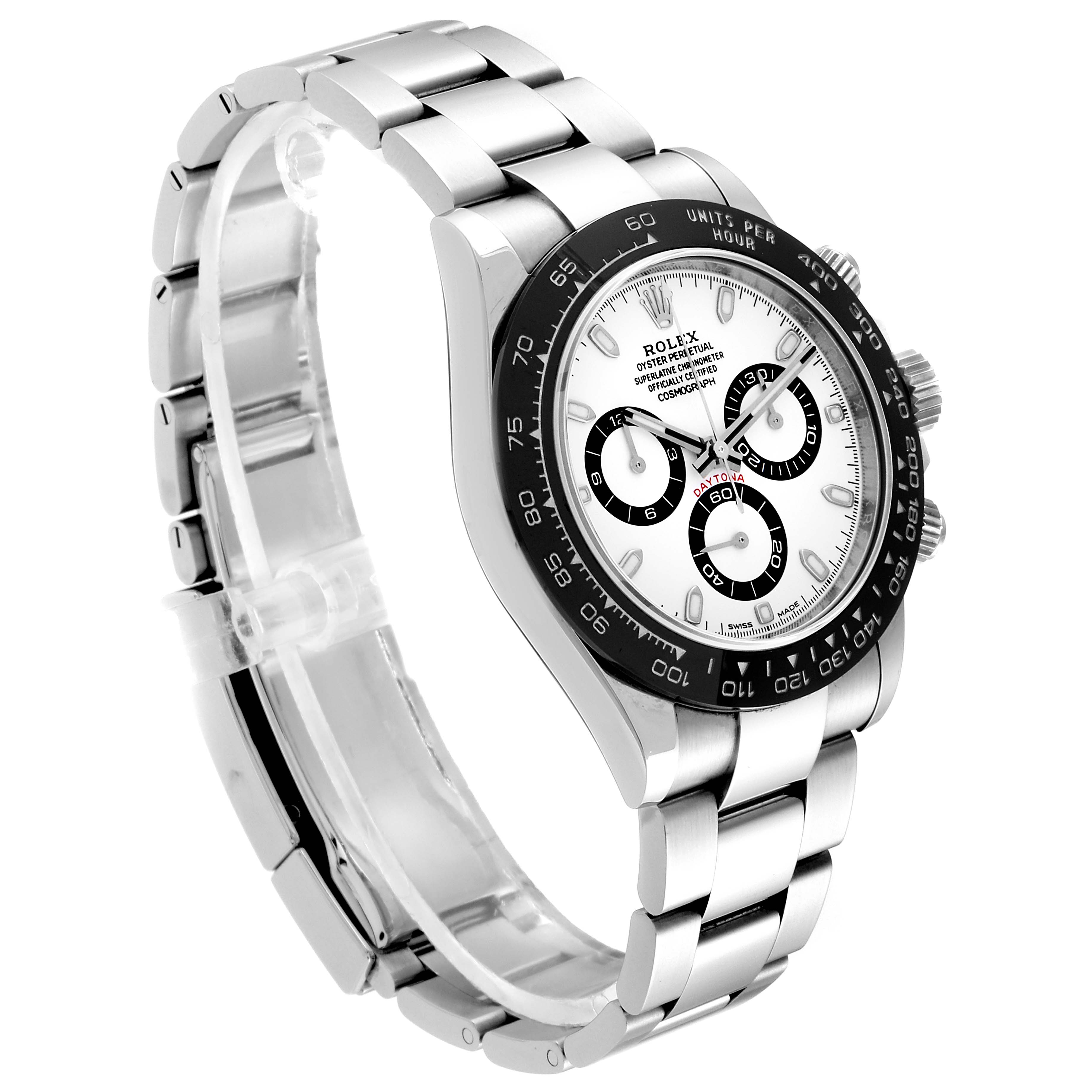 The image shows a side and front angle of the Rolex Daytona 116500 Men's Stainless Steel White Dial 116500 Men's Stainless Steel White Dial watch displaying its dial, bezel, and bracelet.