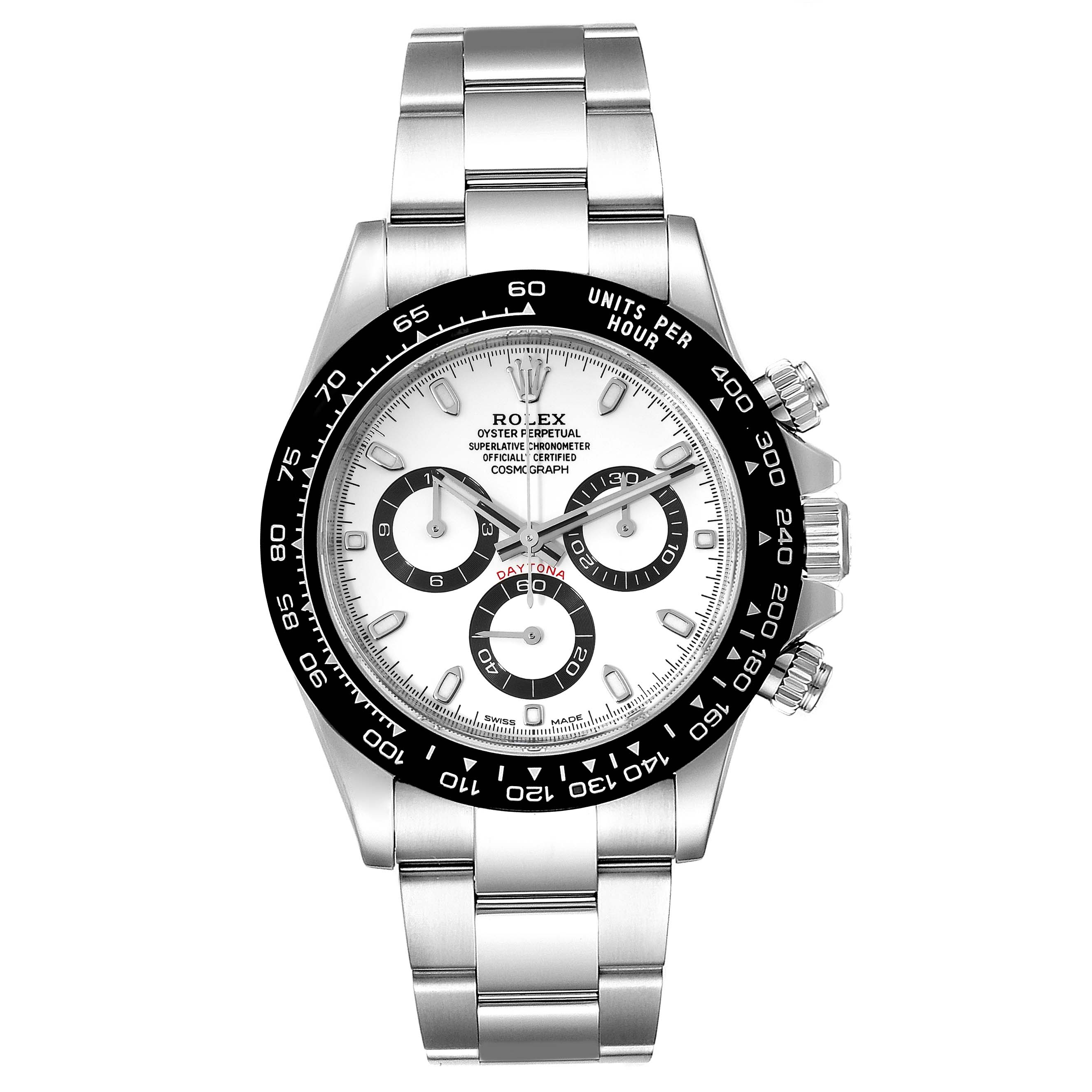 The Rolex Daytona 116500 Men's Stainless Steel White Dial 116500 Men's Stainless Steel White Dial watch is shown from the front, displaying the face, bezel, and stainless steel bracelet.