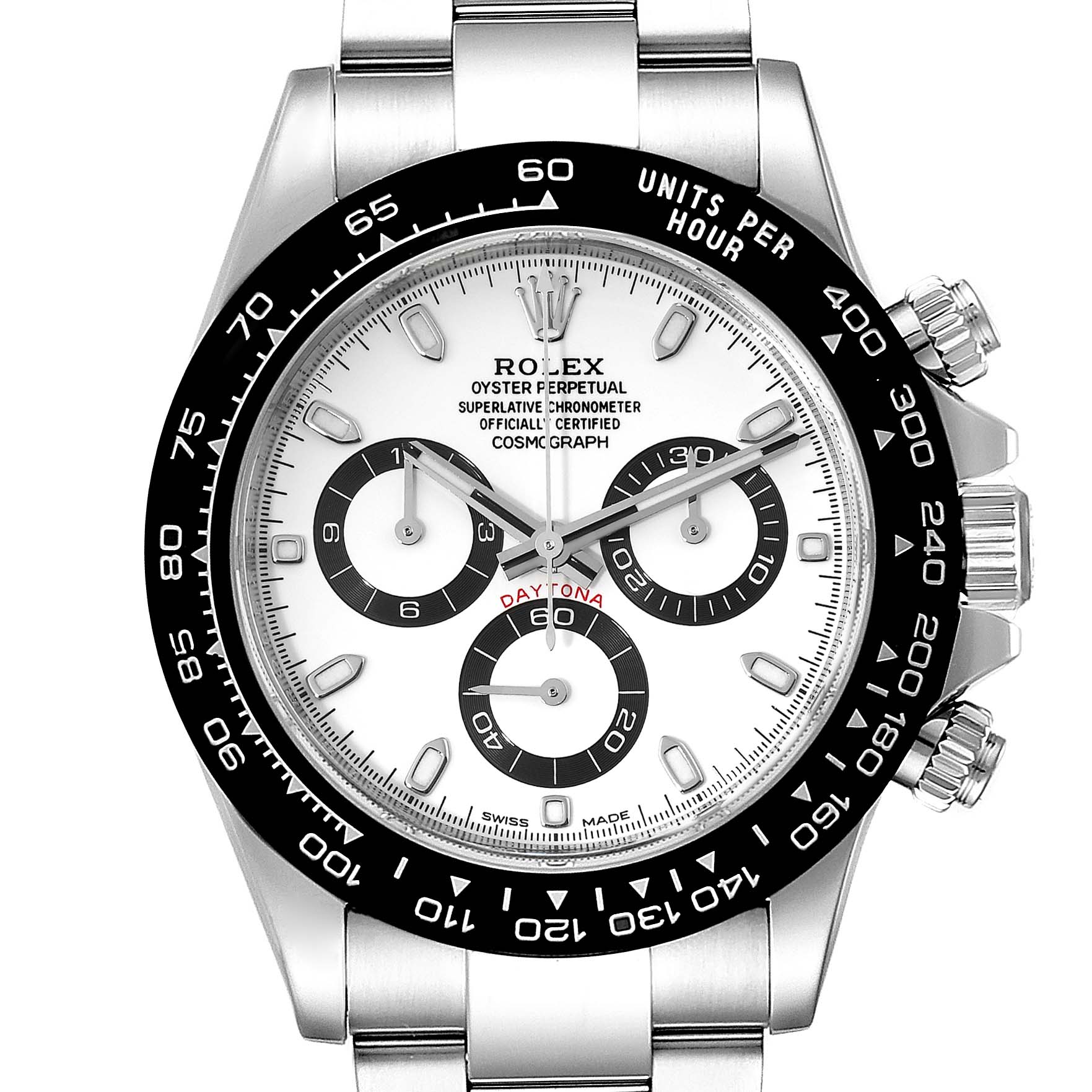 This image shows a frontal view of the Rolex Daytona 116500 Men's Stainless Steel White Dial 116500 Men's Stainless Steel White Dial watch, highlighting its dial, bezel, and push buttons.