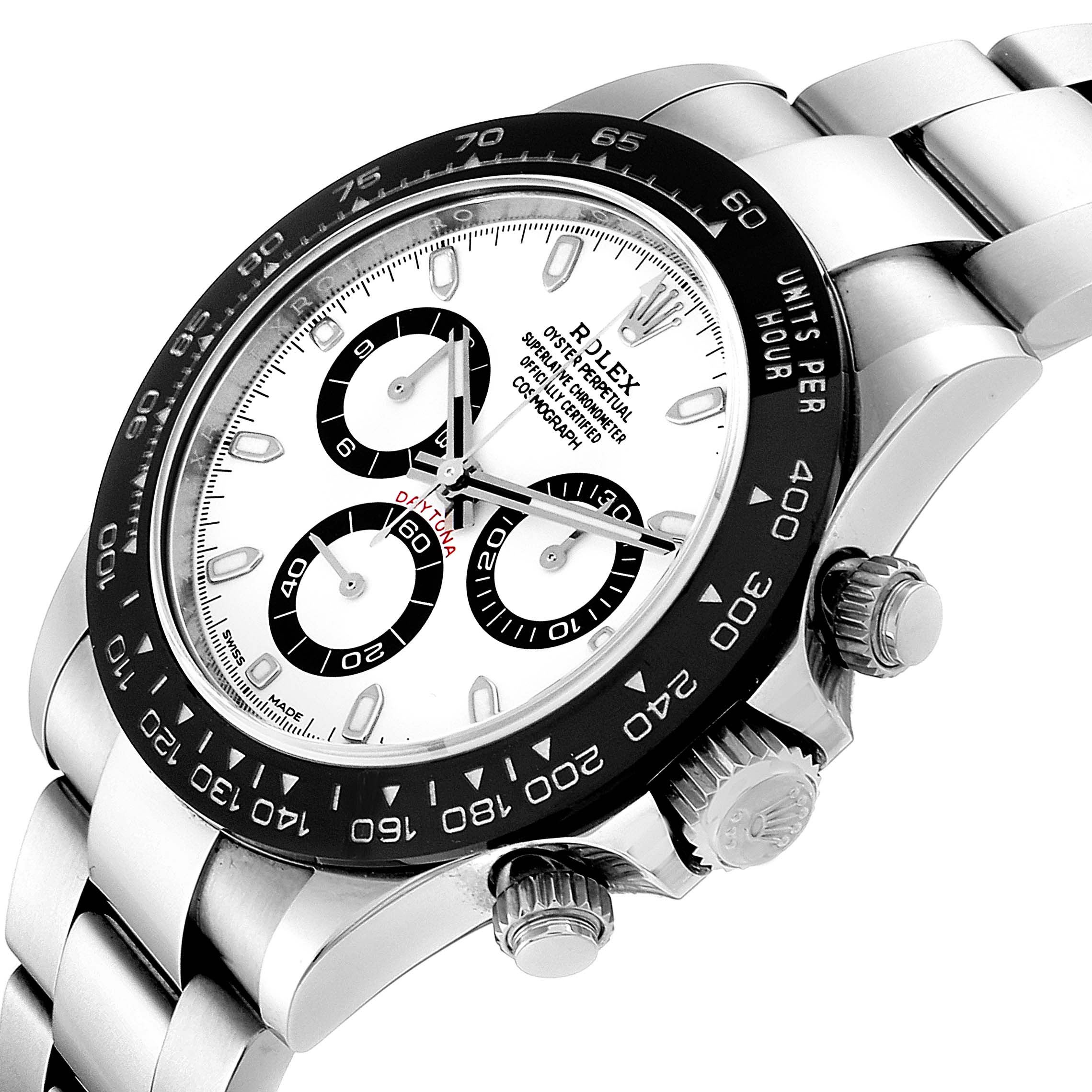 The image shows a close-up view of the Rolex Daytona 116500 Men's Stainless Steel White Dial 116500 Men's Stainless Steel White Dial watch face, bezel, crown, pushers, and part of the metal bracelet from a side angle.