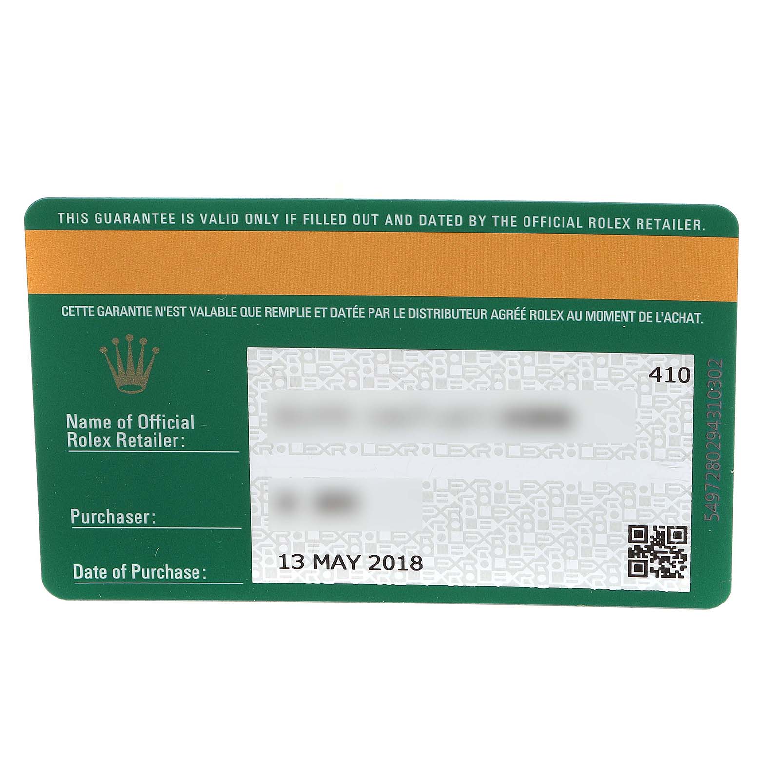 The image shows a Rolex warranty card for a Daytona model, featuring purchase and retailer details, dated 13 May 2018.