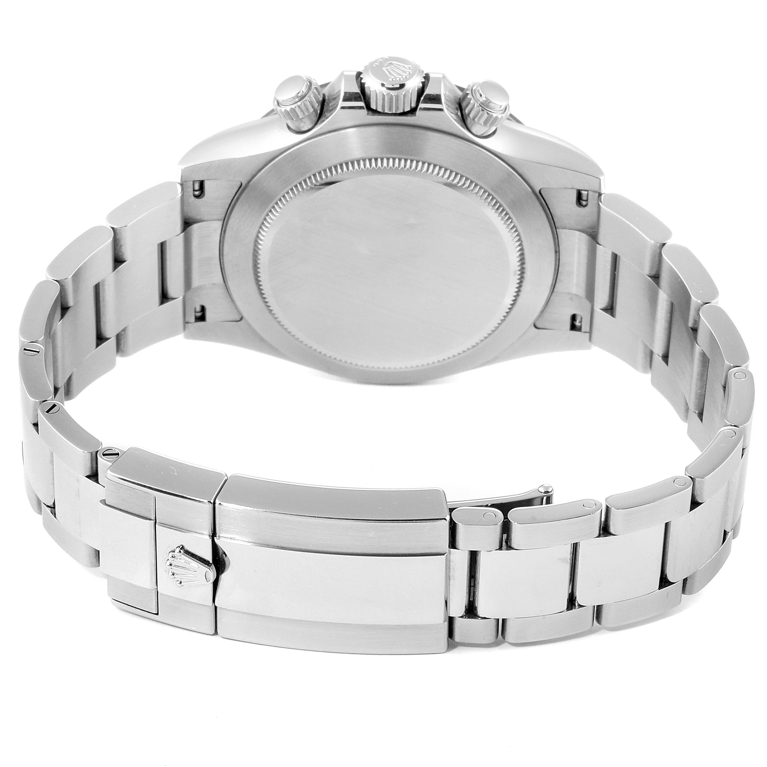 The image shows the back view of a Rolex Daytona 116500 Men's Stainless Steel White Dial 116500 Men's Stainless Steel White Dial watch, highlighting the bracelet, clasp, and caseback.