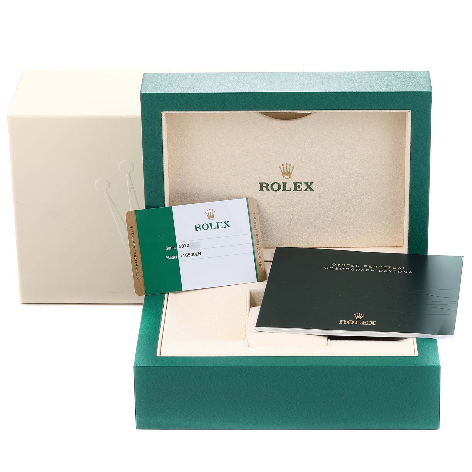 The image shows the packaging, model card, and manual of a Rolex Daytona 116500 Men's Stainless Steel White Dial 116500 Men's Stainless Steel White Dial watch.