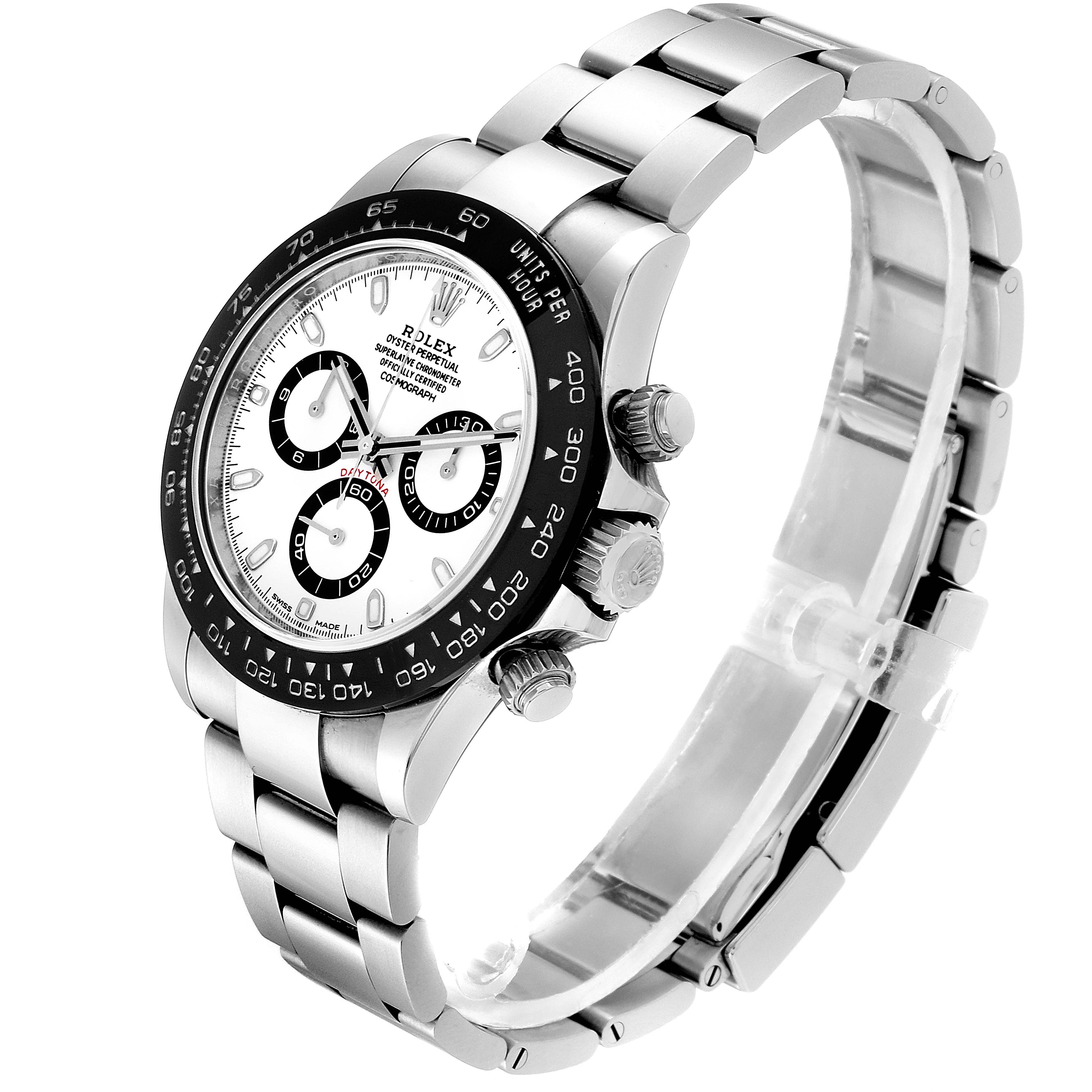 This image shows a Rolex Daytona 116500 Men's Stainless Steel White Dial 116500 Men's Stainless Steel White Dial watch from a three-quarter front angle with its face, bezel, and stainless steel bracelet clearly visible.