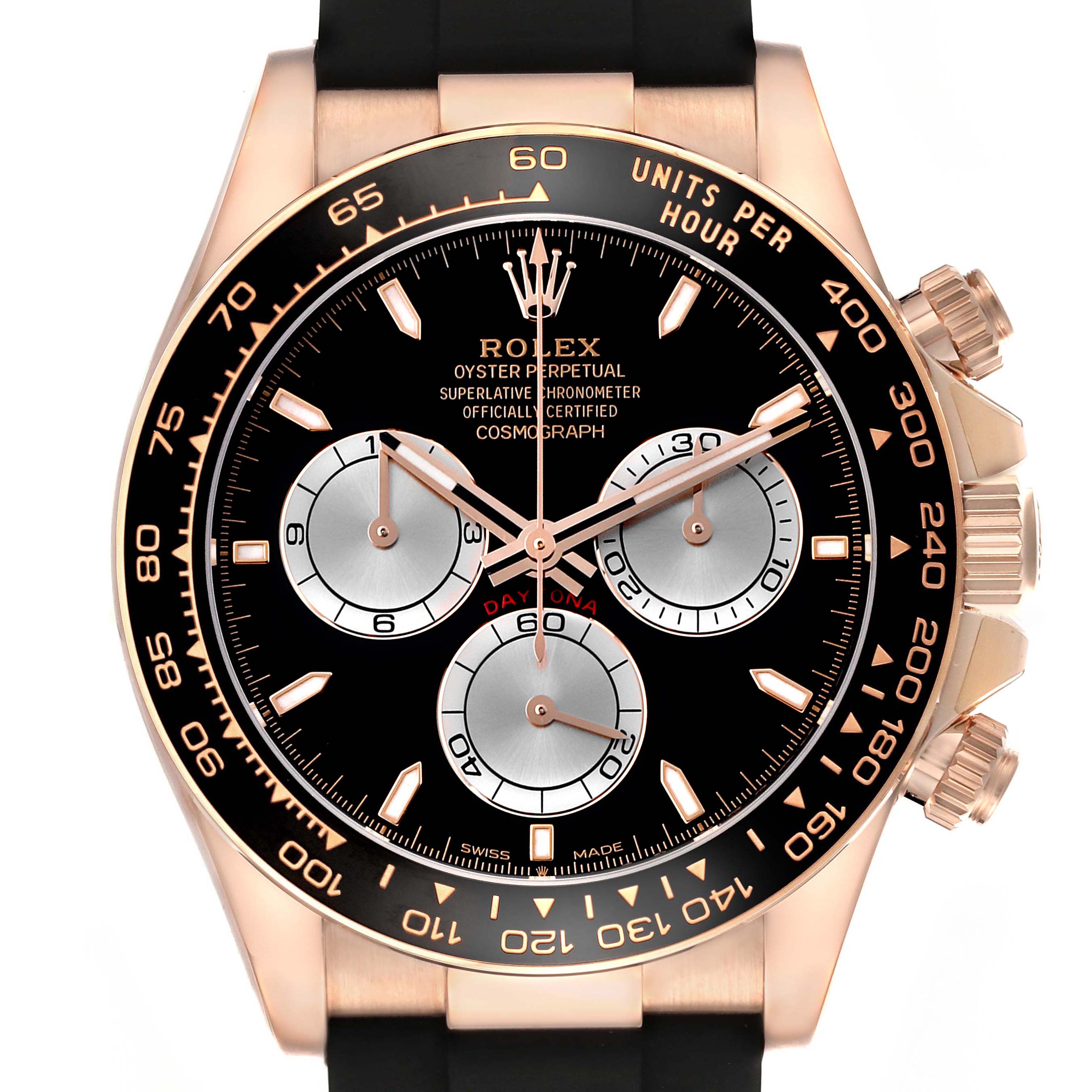 The Rolex Daytona 126515 Men
s Rose Gold Black Dial watch is shown from the front, highlighting the dial, bezel, and chronograph sub-dials.