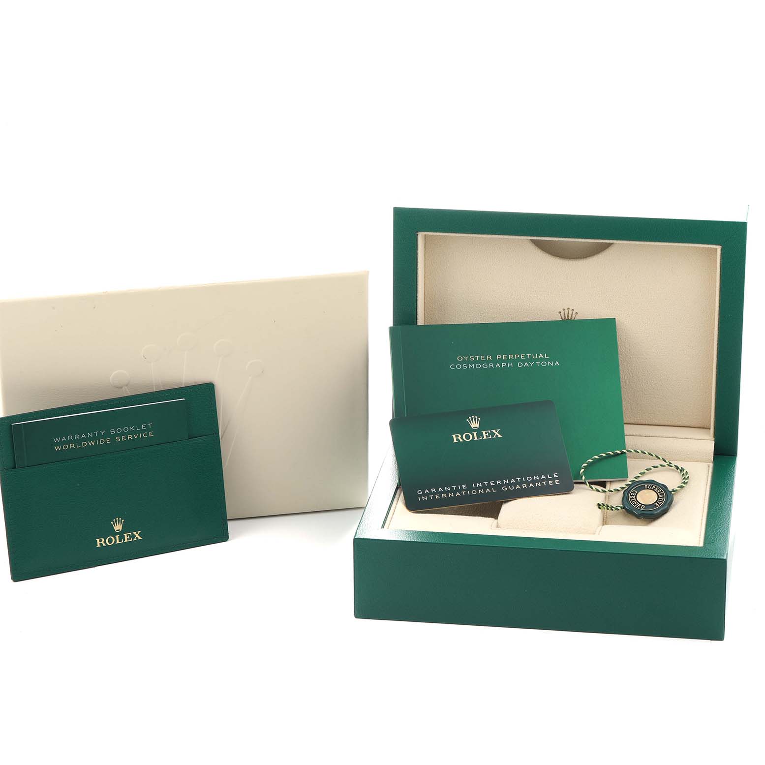 The image shows Rolex Daytona 126515 Men
s Rose Gold Black Dial accessories, including a warranty booklet and green carry case, from a front angle.