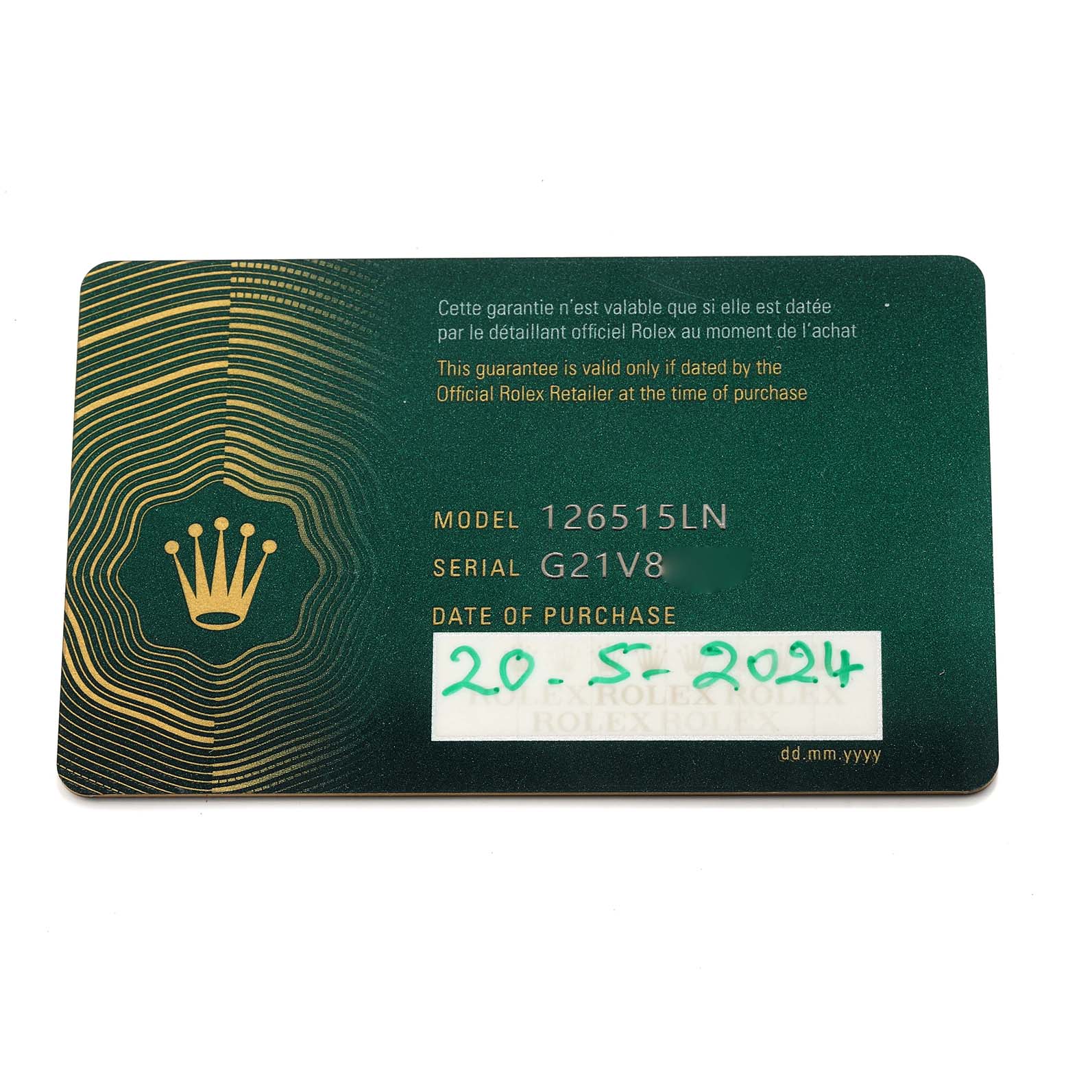 The image shows a warranty card for a Rolex Daytona 126515 Men
s Rose Gold Black Dial, displaying model and serial numbers.