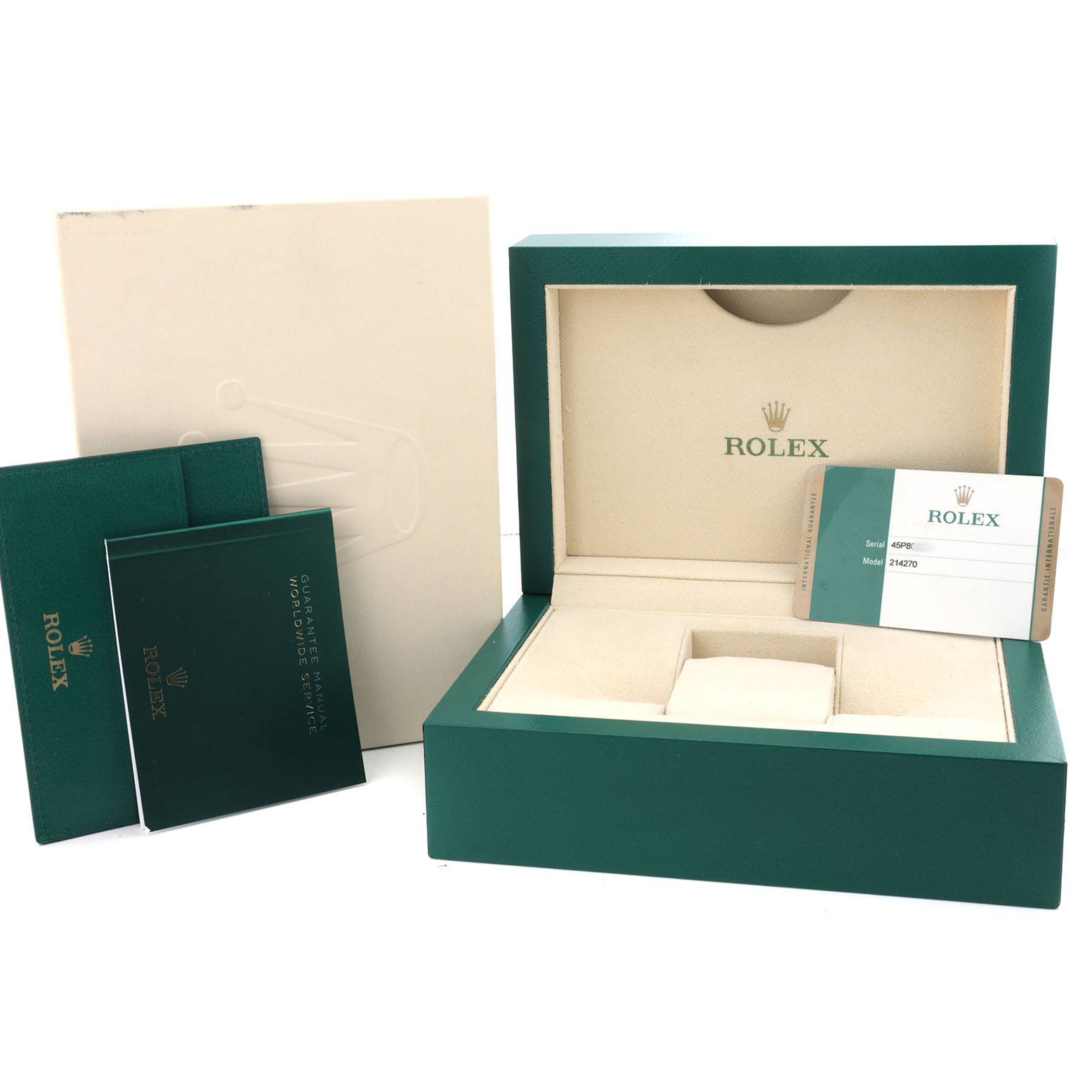 The image shows an open Rolex Explorer 214270 Men's Stainless Steel Black Dial watch box, warranty card, and manuals.