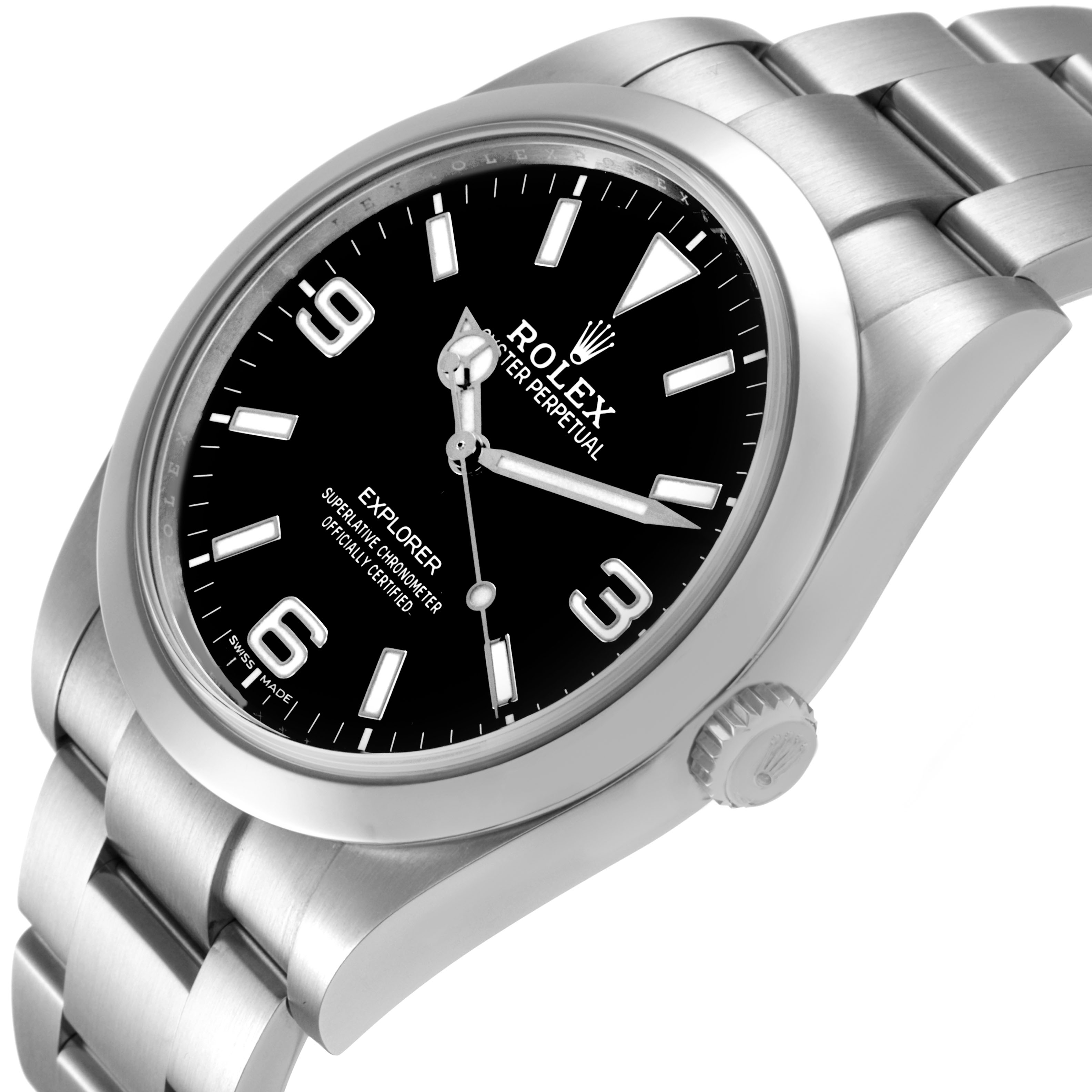 The Rolex Explorer 214270 Men's Stainless Steel Black Dial watch is shown at an angled side view, highlighting the black dial, stainless steel bezel, and bracelet.