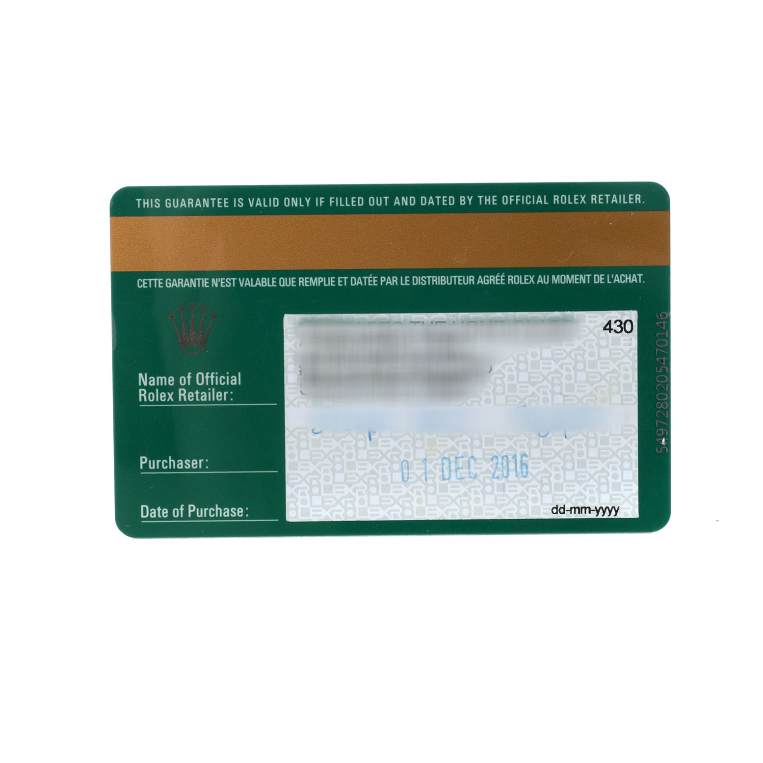 The image shows a warranty card for the Rolex Explorer 214270 Men's Stainless Steel Black Dial model viewed from the front.