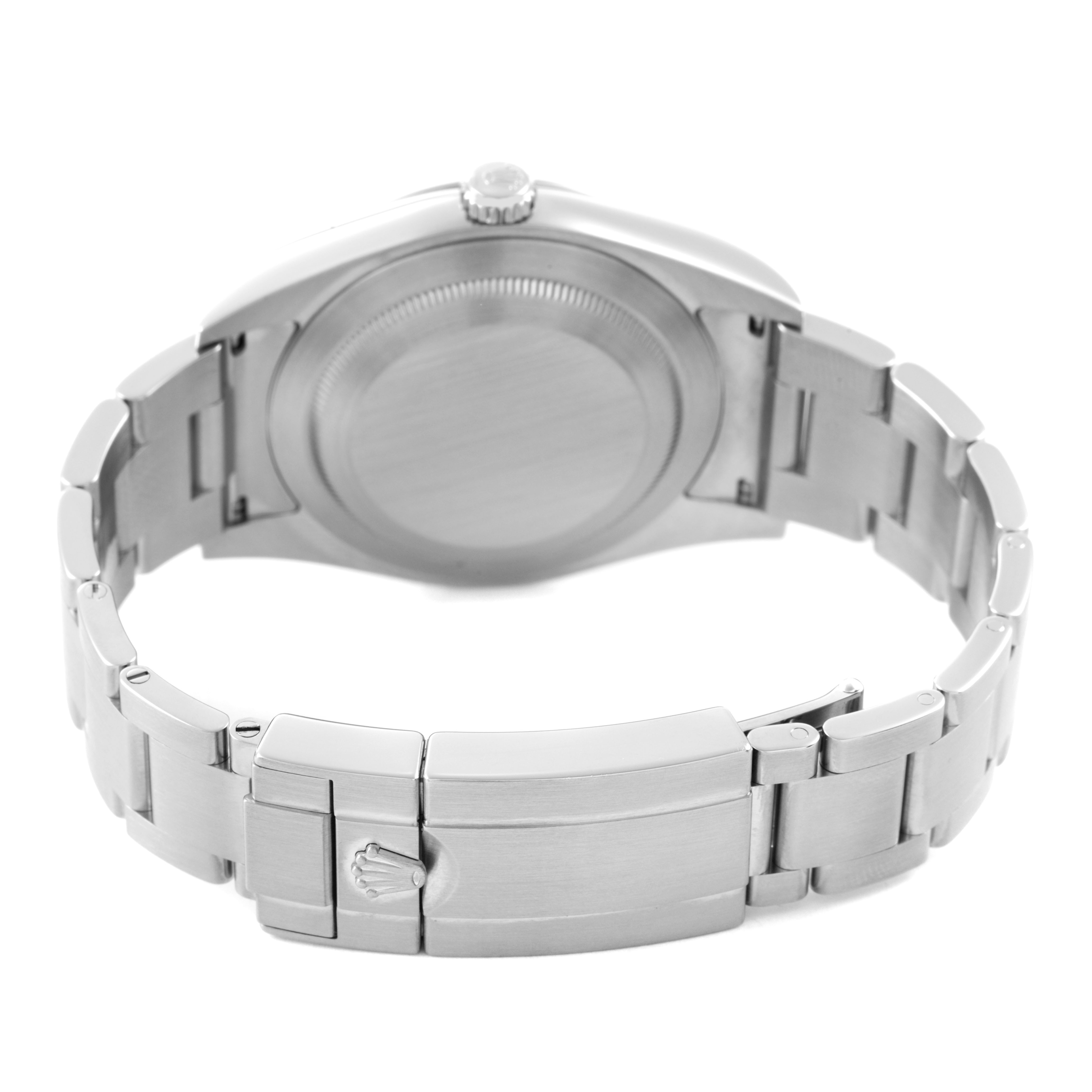 The image shows the back view of a Rolex Explorer 214270 Men's Stainless Steel Black Dial, highlighting the bracelet and clasp detailing.