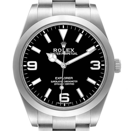 The Rolex Explorer 214270 Men's Stainless Steel Black Dial watch is shown from a top-down angle, displaying the dial, bezel, and part of the bracelet.