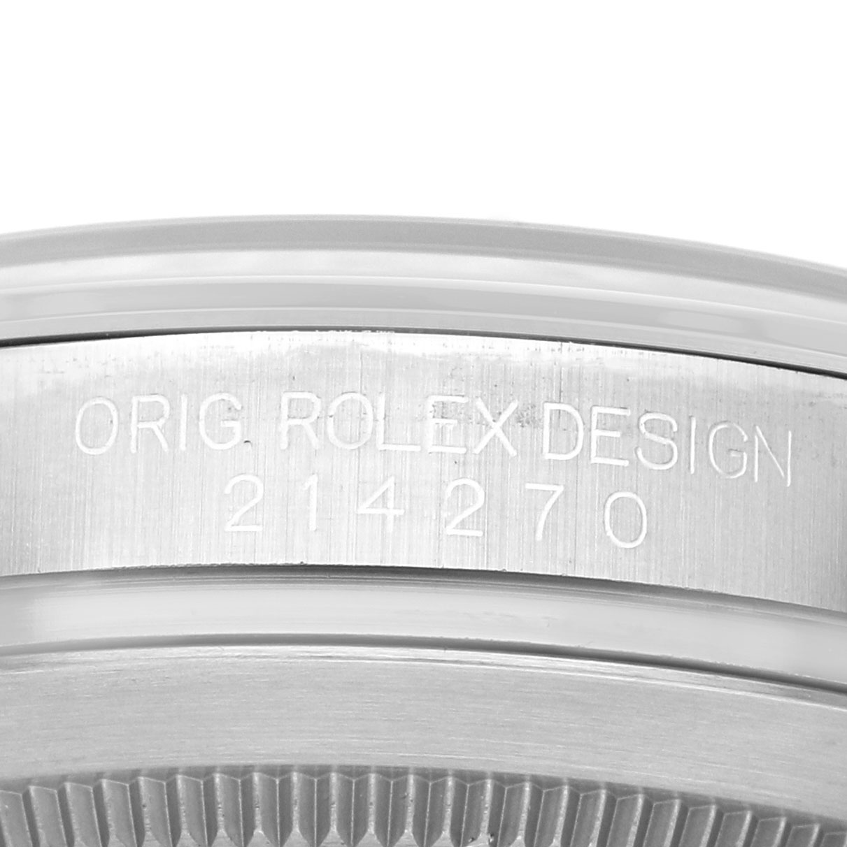 The image shows a close-up of the engraved case side of a Rolex Explorer 214270 Men's Stainless Steel Black Dial watch, featuring the model number 214270.