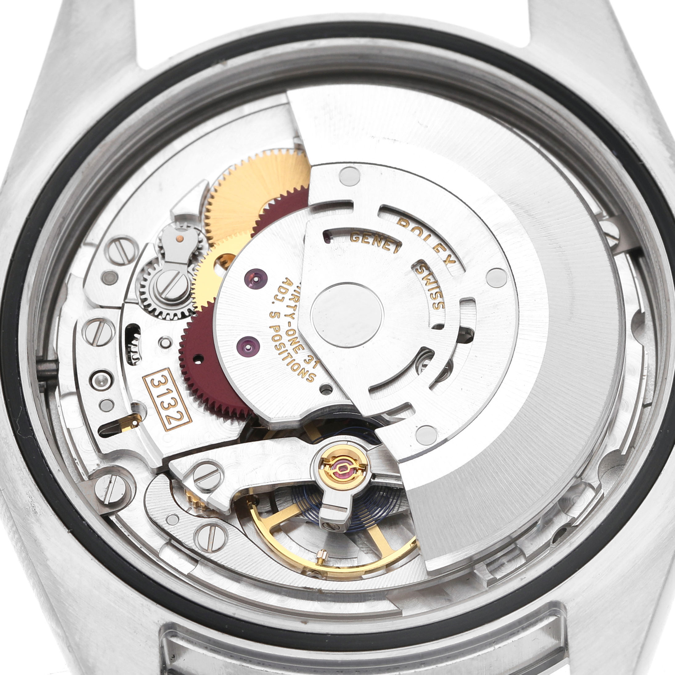 The image shows the movement mechanism of a Rolex Explorer 214270 Men's Stainless Steel Black Dial watch from the back view.
