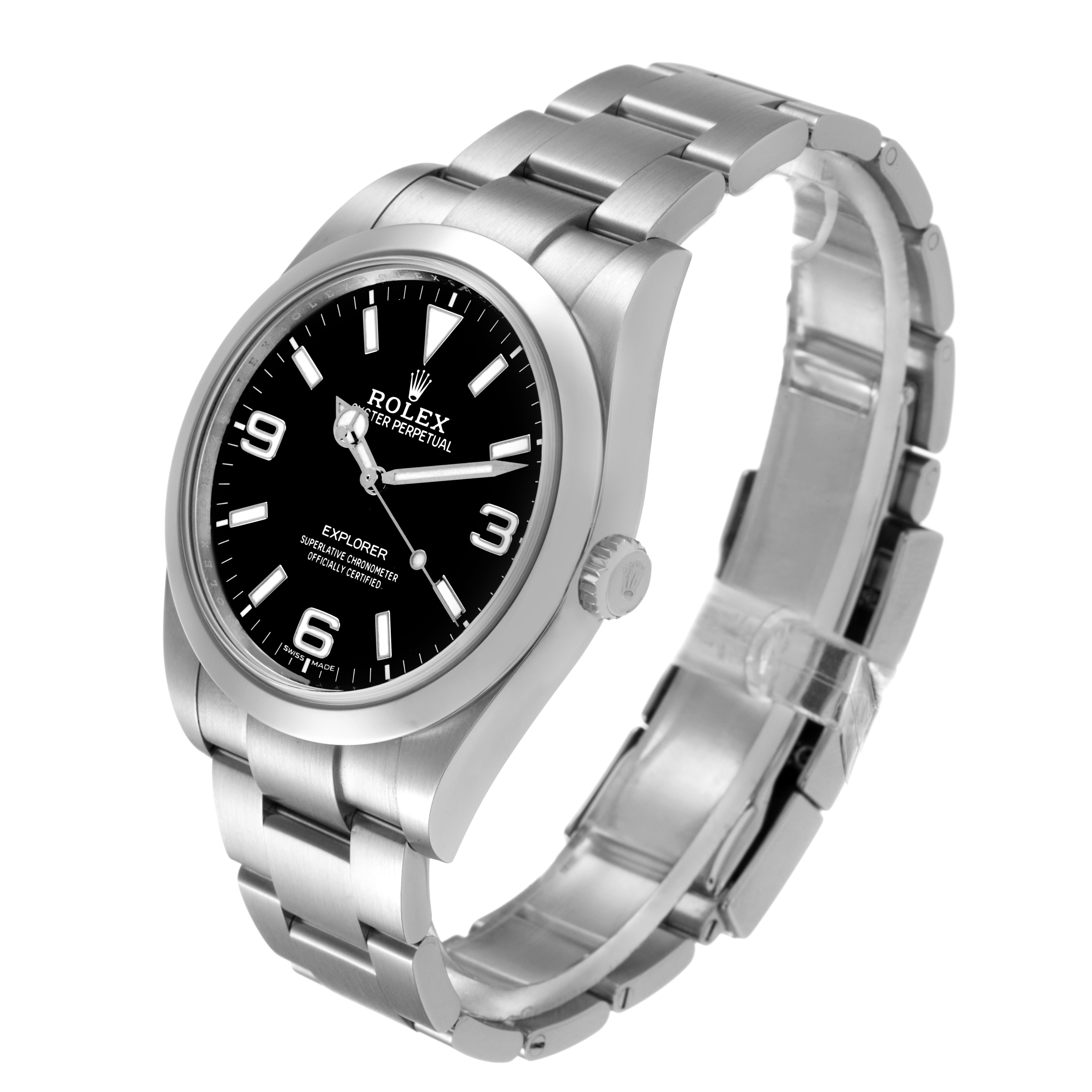The Rolex Explorer 214270 Men's Stainless Steel Black Dial watch is shown at a three-quarter angle, displaying the face, bezel, crown, and bracelet.