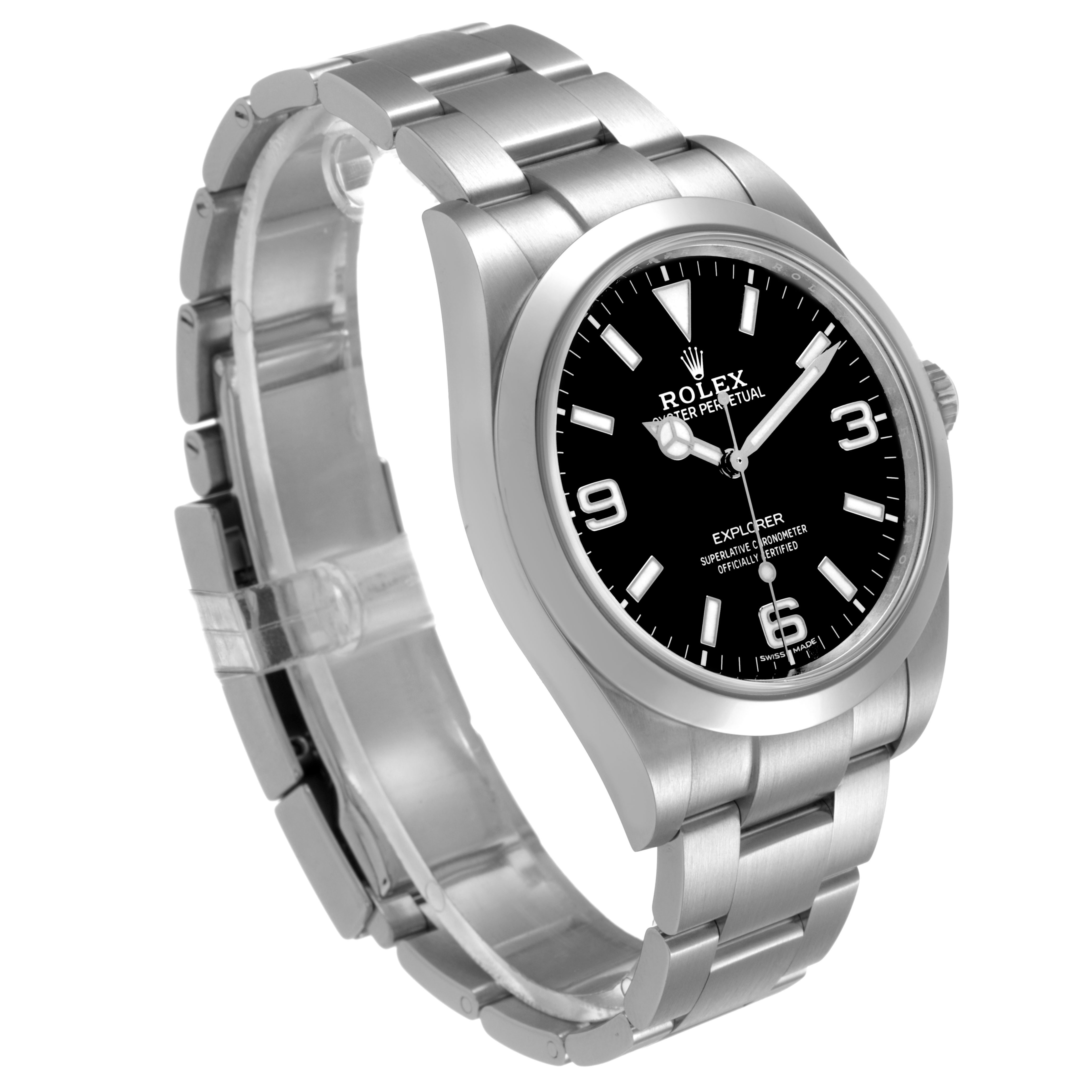The Rolex Explorer 214270 Men's Stainless Steel Black Dial watch is shown from a front-left angle, displaying its face, bezel, and metal bracelet.