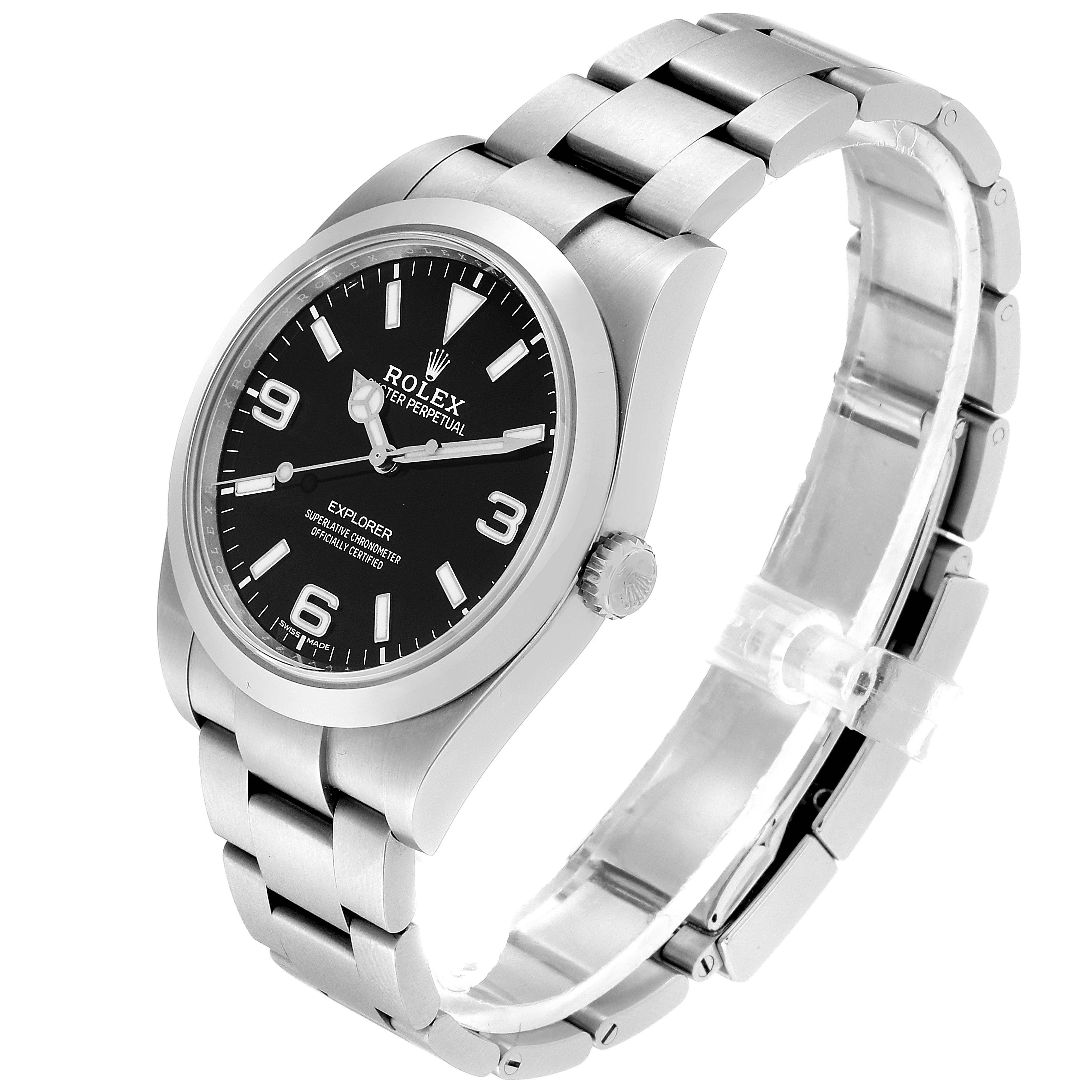 The Rolex Explorer 214270 Men's Stainless Steel Black Dial 214270 Men's Stainless Steel Black Dial watch is shown at an angle displaying its face, bezel, crown, and partially its metal strap.