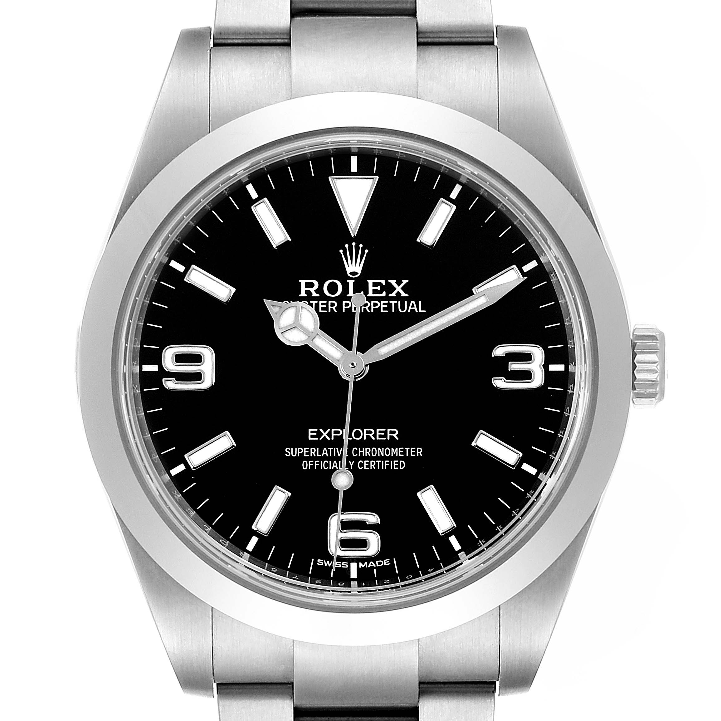 The image shows the front view of a Rolex Explorer 214270 Men's Stainless Steel Black Dial 214270 Men's Stainless Steel Black Dial watch, highlighting the dial, bezel, crown, and part of the bracelet.