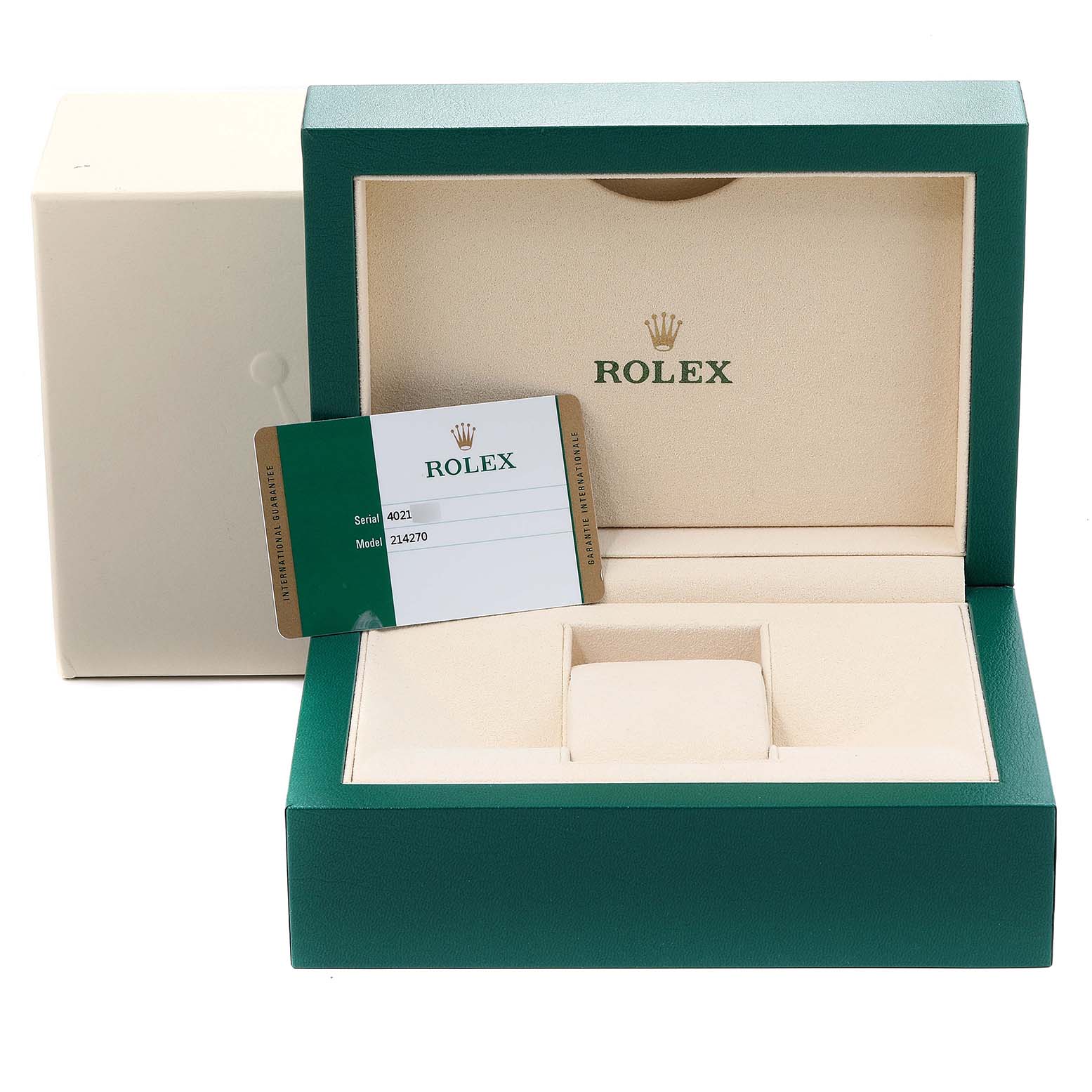 The image shows the open green box of a Rolex Explorer 214270 Men's Stainless Steel Black Dial 214270 Men's Stainless Steel Black Dial model, along with the watch's warranty card displayed inside.