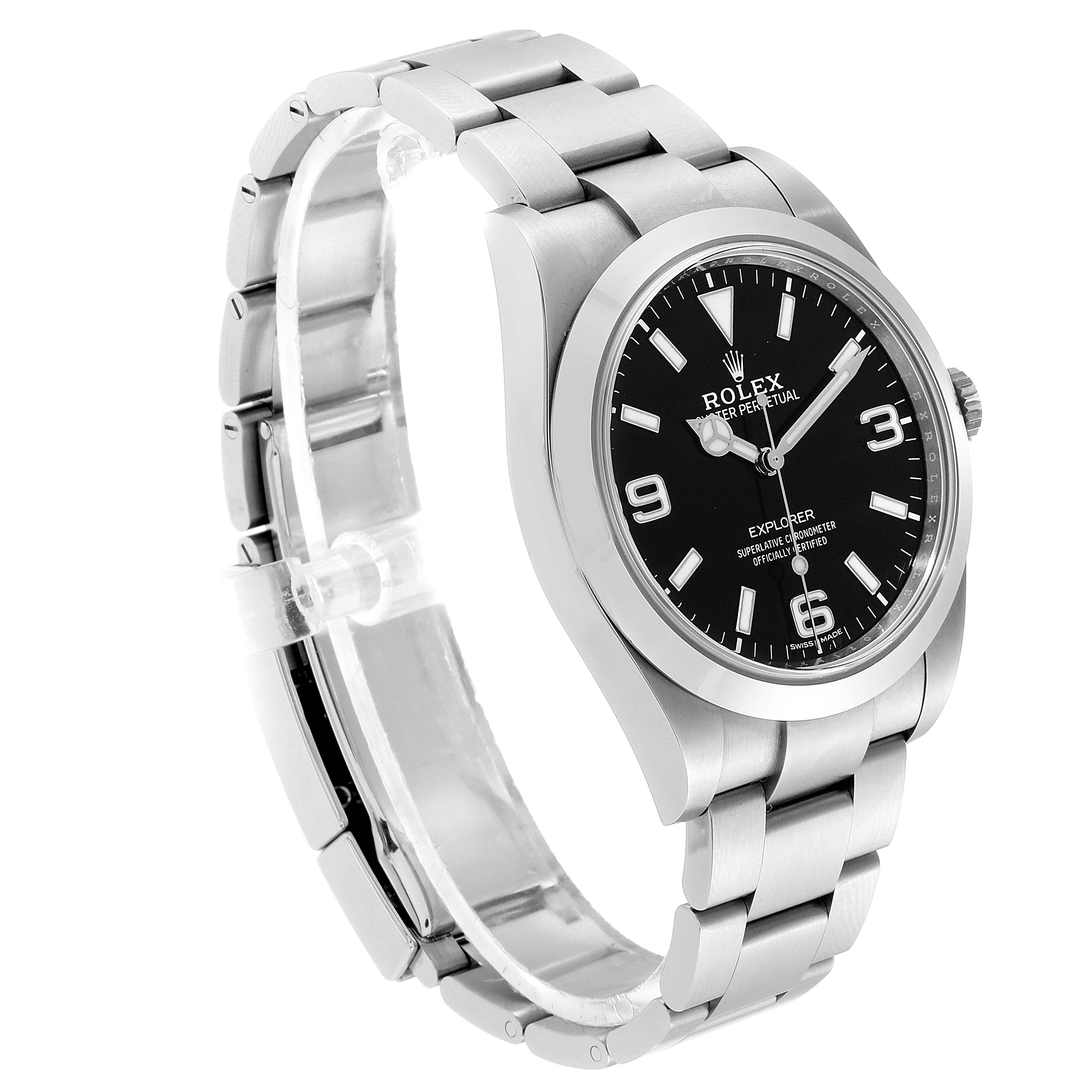 This image shows the Rolex Explorer 214270 Men's Stainless Steel Black Dial 214270 Men's Stainless Steel Black Dial model from a 3/4 angle, focusing on the dial, bezel, and bracelet.