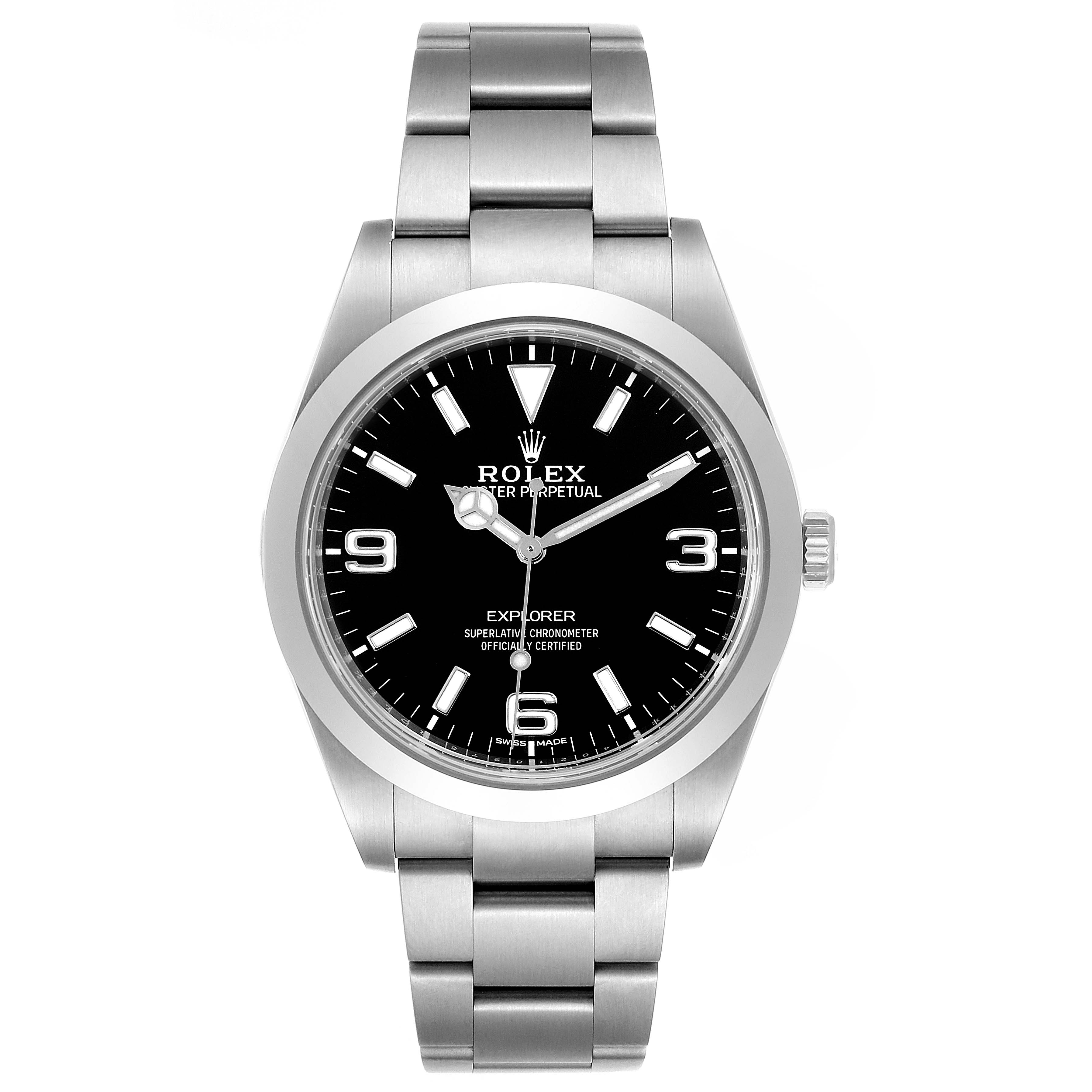 This is a front view of the Rolex Explorer 214270 Men's Stainless Steel Black Dial 214270 Men's Stainless Steel Black Dial watch, showing its face, bezel, crown, and bracelet.