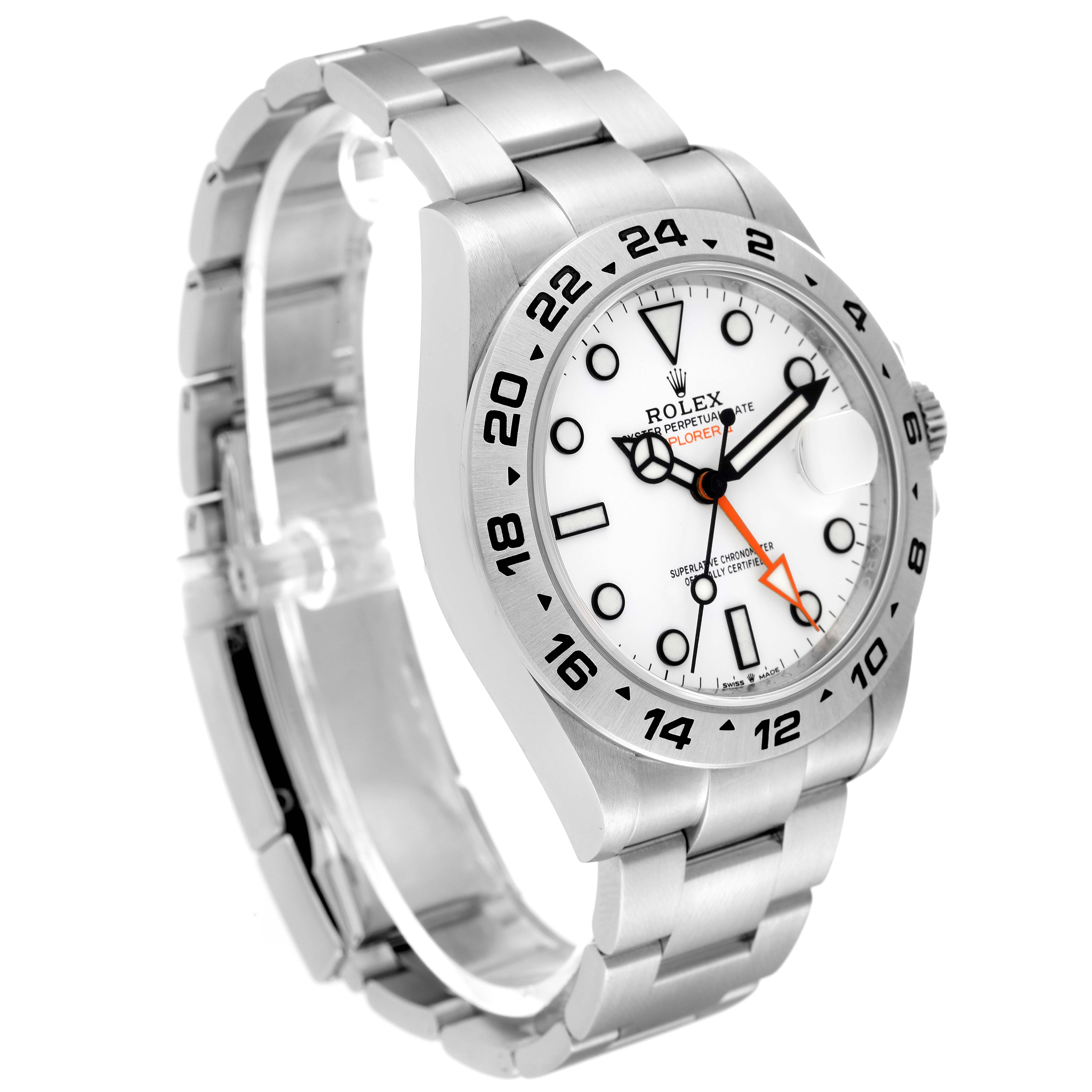 The image shows a Rolex Explorer 226570 Men
s Stainless Steel White Dial 226570 Men
s Stainless Steel White Dial watch at a slight side angle, highlighting the white dial, bezel, and metal bracelet.