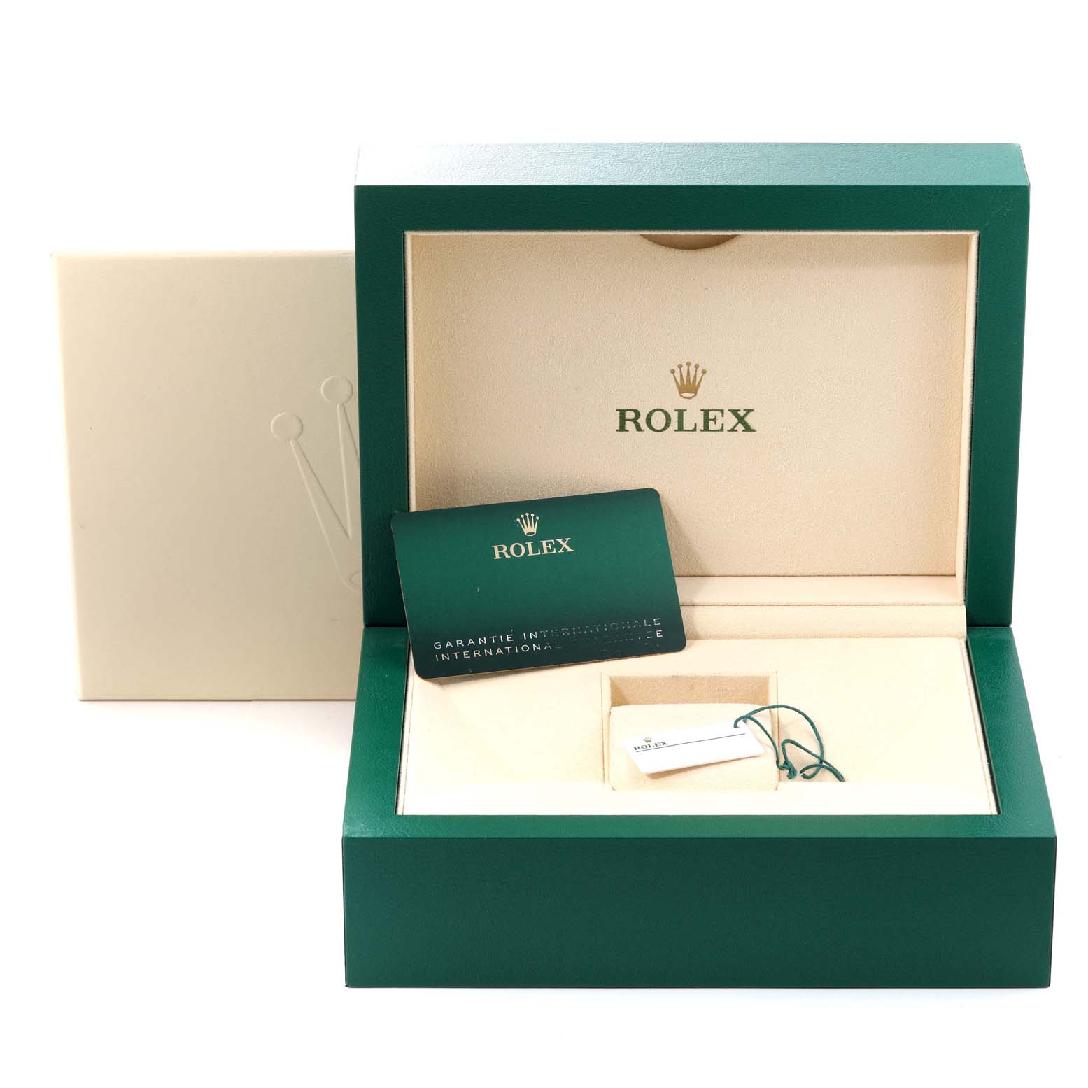 The image shows the open box and accessories for a Rolex Explorer 226570 Men
s Stainless Steel White Dial 226570 Men
s Stainless Steel White Dial model, including a warranty card and a tag.